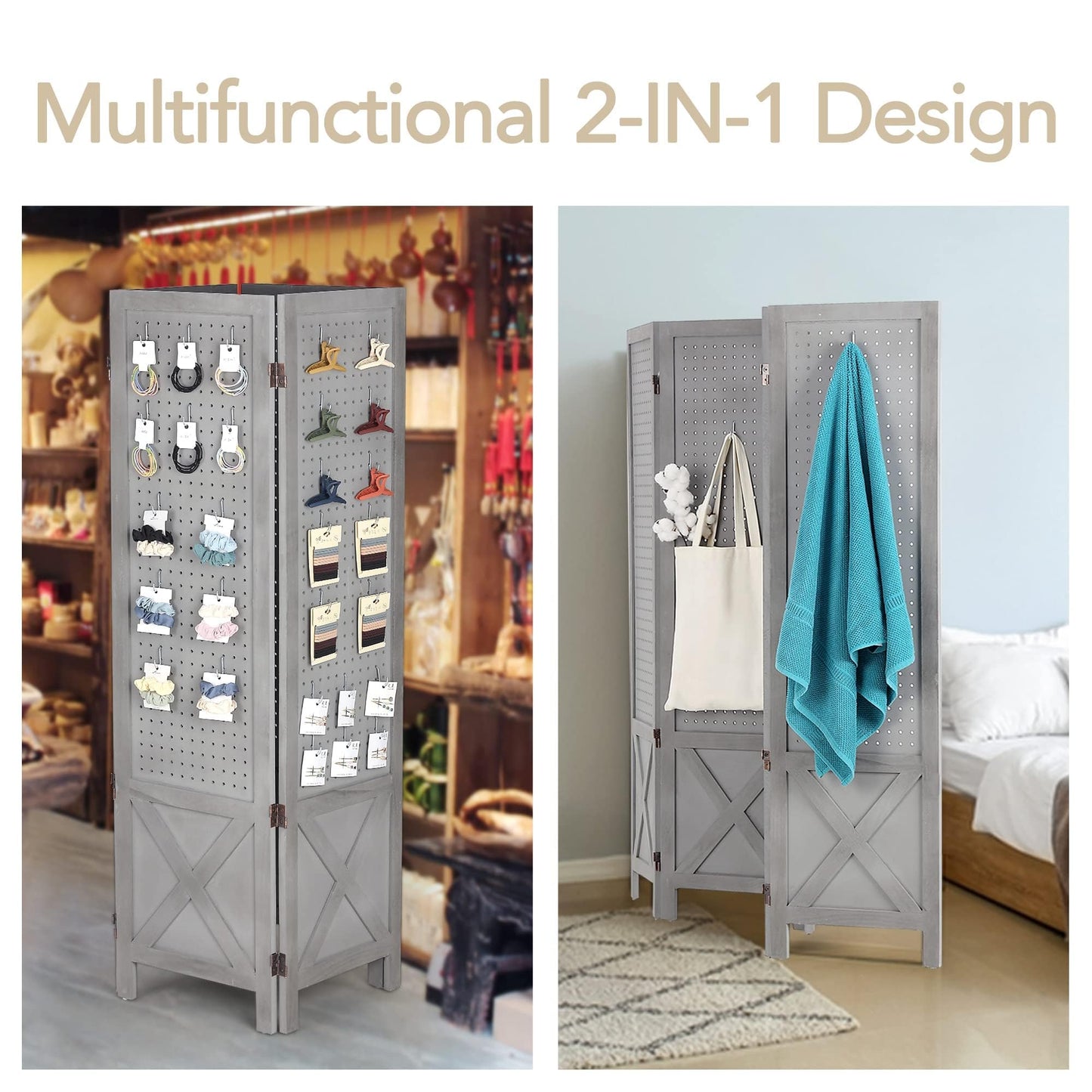 Wnutrees 4 Panel Pegboard Display, 5 Ft Wood Folding Privacy Screens Room Divider, Portable Freestanding Display Board for Craft/Art Shows, Retail, Events, Wall Organizer, Rustic Barnwood, Grey