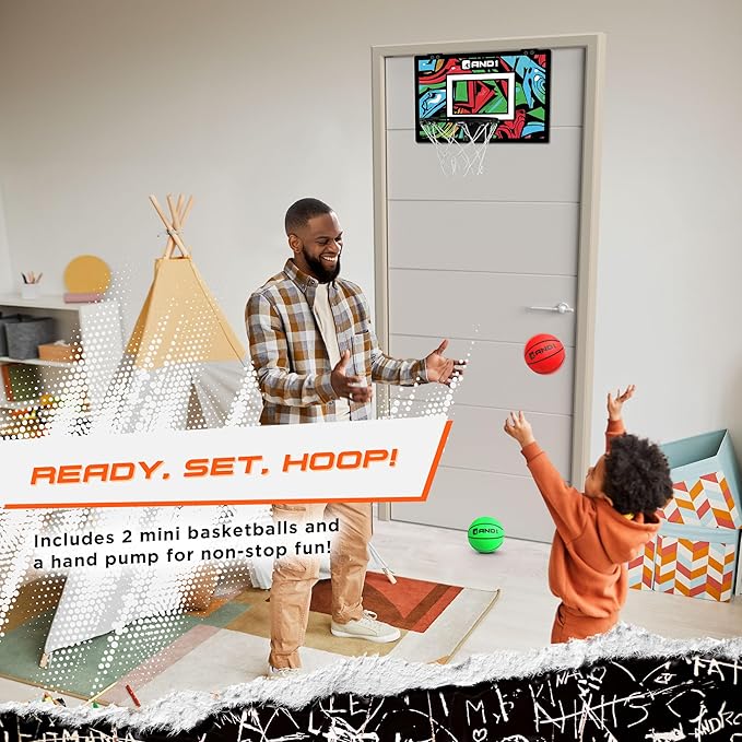 AND1 Over the Door Mini Basketball Hoop: 18x12 Shatterproof Backboard, 2 Mini Basketballs, and Hand Pump Included- Ultimate Indoor Basketball Accessory for Kids and Adults, No Tools Required