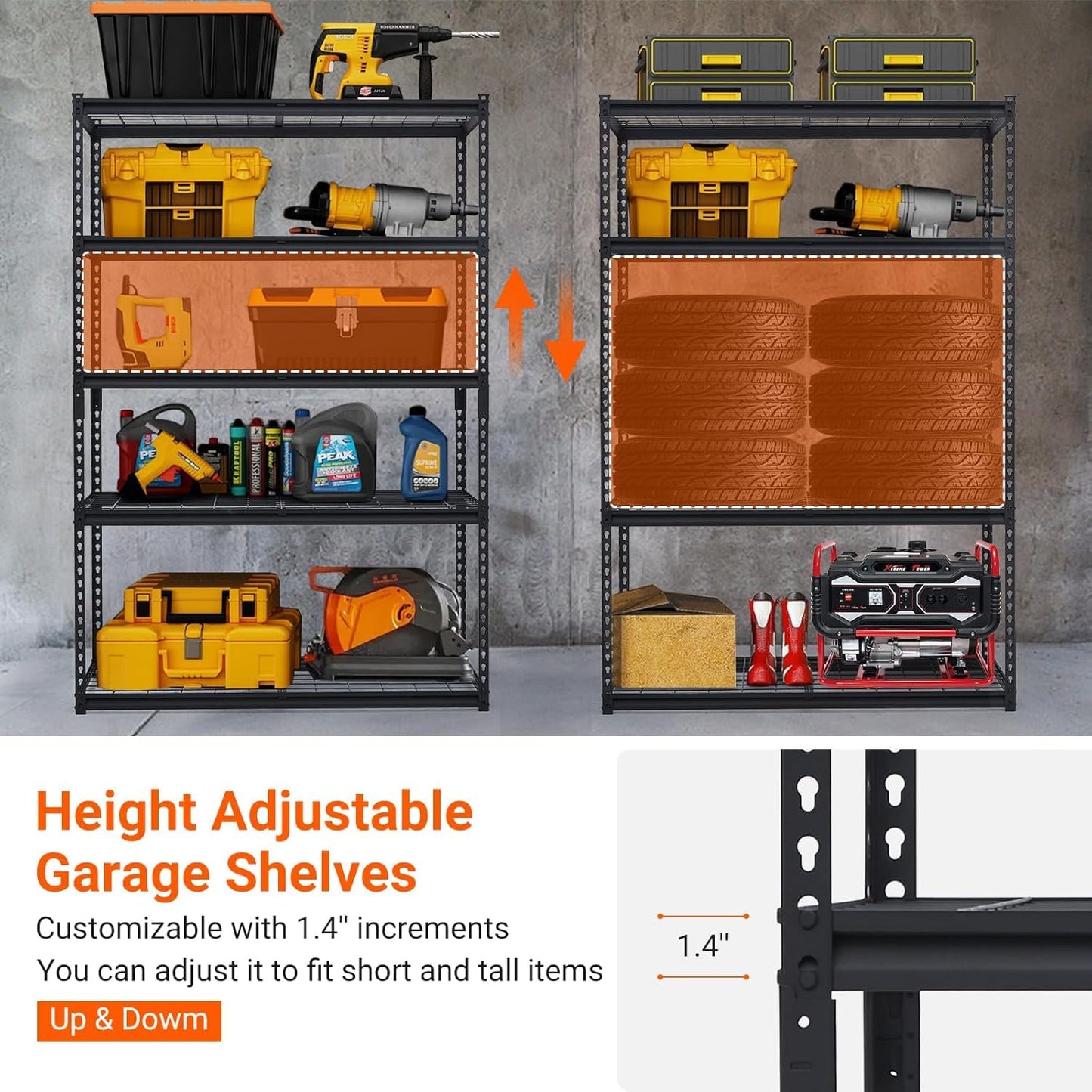 Garage Shelving, 5 Tire Storage Shelving Heavy Duty Garage Shelves 3000LBS Load Bearing, Full Metal Shelving Units, Durable Construction, Adjustable Shelves, Easy Assembly, 60''W x 24''D x 78''H