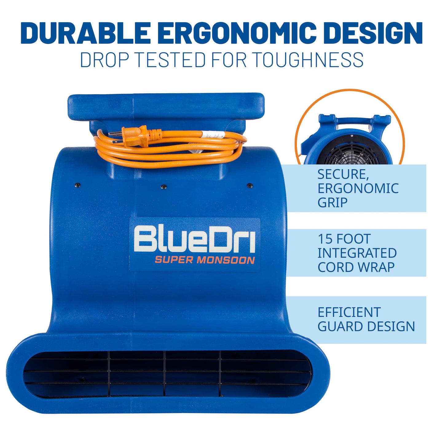 BlueDri Super Monsoon 1 HP, 4050 CFM Air Mover Blower Fan for Water Damage Restoration Carpet Dryer Floor Home and Plumbing Use, Blue, BD-SMNSN