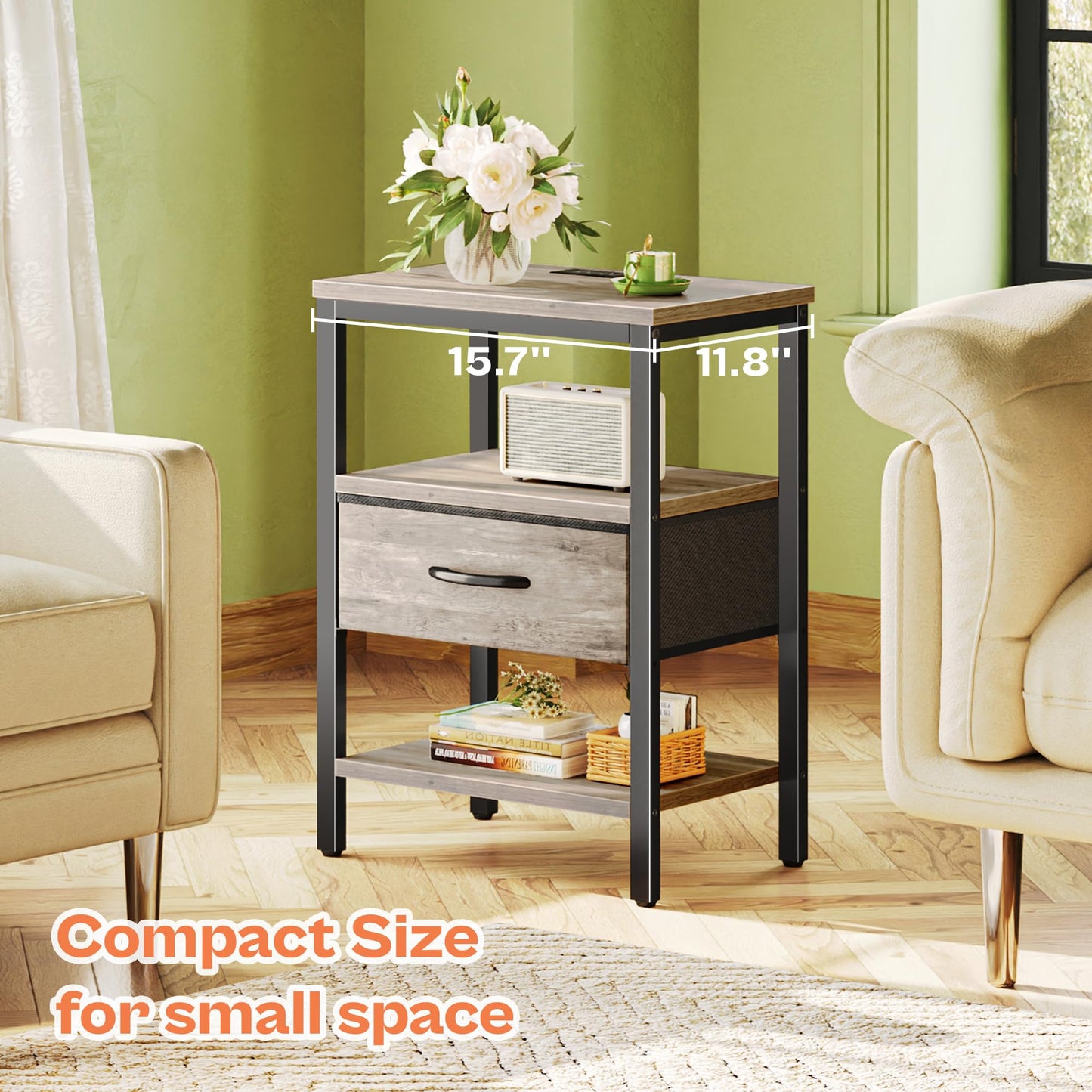 SUPERJARE Nightstand with Charging Station, Bed Side Table with Adjustable Fabric Drawer, Night Stand for Bedroom, 3-Tier Storage End Table, for Living Room, Oak
