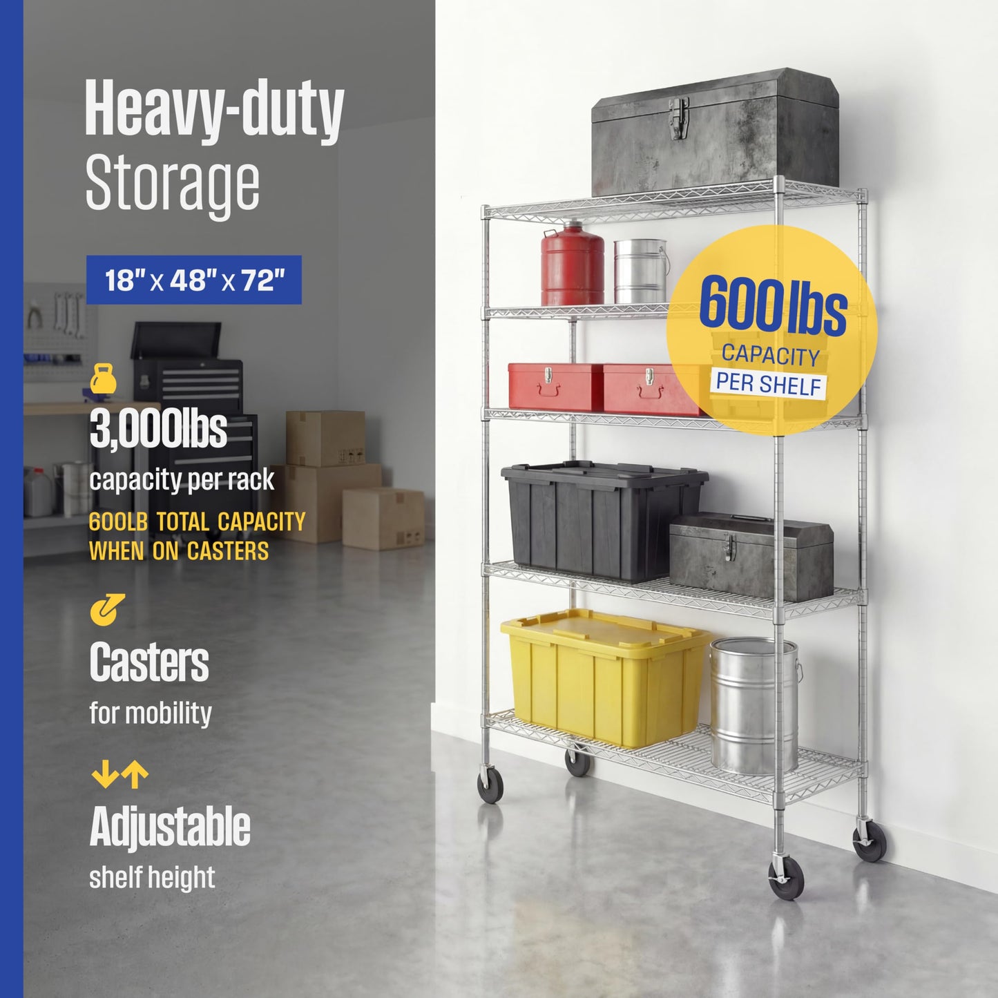 SafeRacks - NSF Certified Storage Shelves, Zinc, Heavy Duty Steel Wire Unit with Wheels and Adjustable Feet, Garage or Bakers Rack, Kitchen, Pantry Shelf - (18"x48"x72" 5-Tier) (Silver)