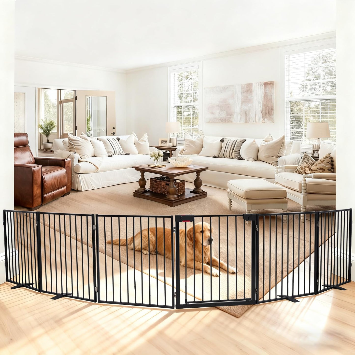 Furggis 156" Extra Wide Dog Gate, Heavy Duty Metal Freestanding Dog Gate with Door for Indoor & Outdoor, Foldable Pet Fence for Doorways,House,Porch,Deck,Yard,Stairs, Auto Close(6 Panels,Black)