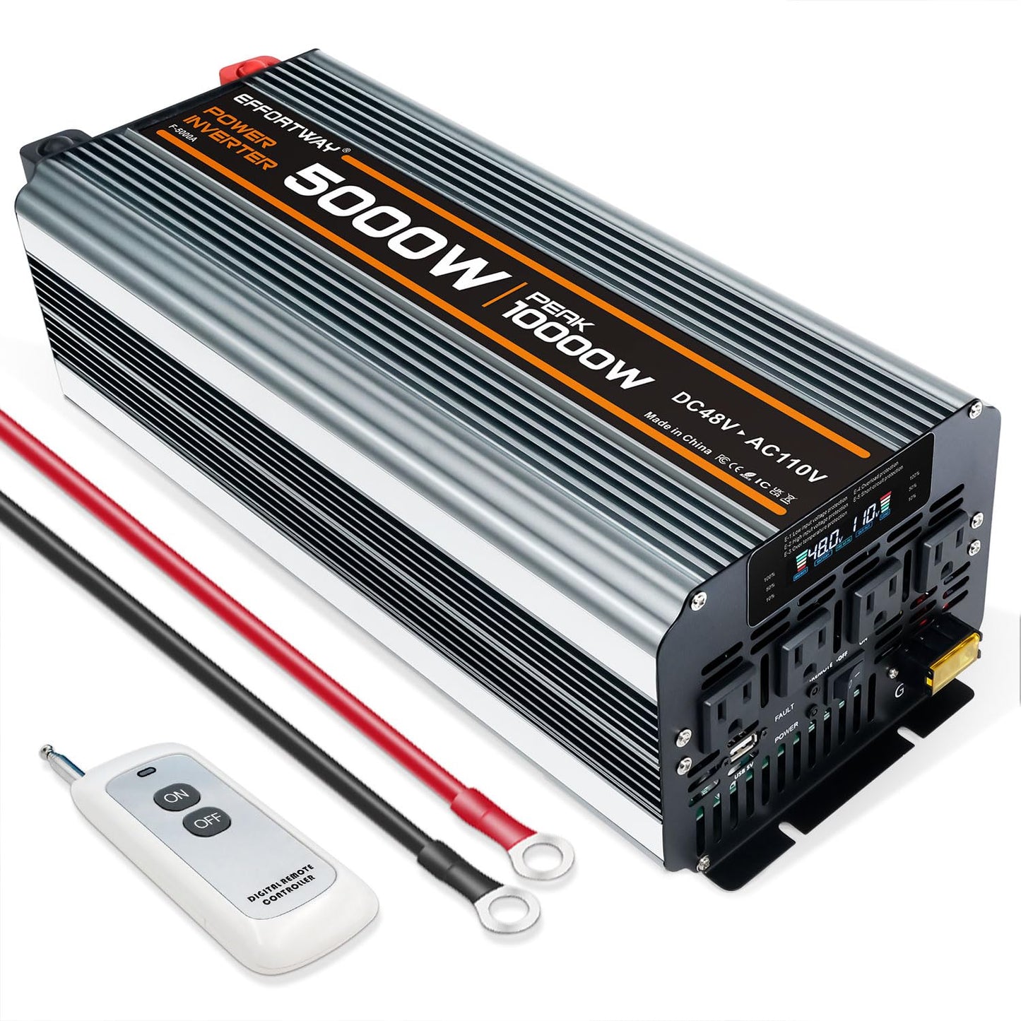 EFFORTWAY Power Inverter DC 48V to AC 110V/120V Converter with LCD Display, Wireless Controller, Cable Pair,AC outlets USB.RV Travel,Suitable for Camping,and Off-Grid Solar Systems (5000w -48v)