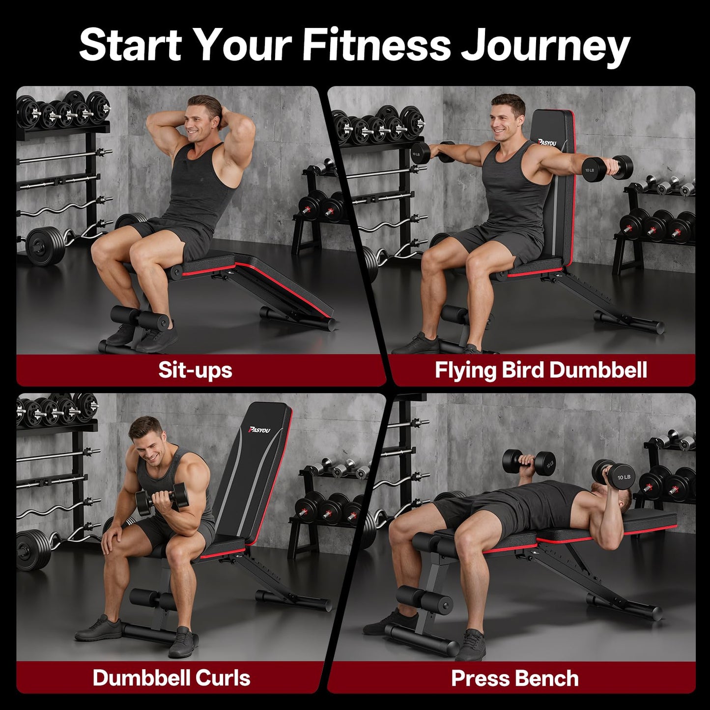 PASYOU Adjustable Weight Bench, Foldable Incline Decline Flat Bench with 660 lb Capacity, 95% Pre-Assembled, Compact Bench Press Full Body Strength Training Bench for Home Gym, Wider Seat, Grey