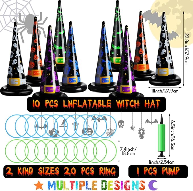 Skylety 31 Pcs Halloween Party Favor Inflatable Witch Hat Ring Toss Including 10 Inflatable Witch Hats 20 Plastic Ring Toss for Carnival Halloween Party Favor Indoors Outdoor