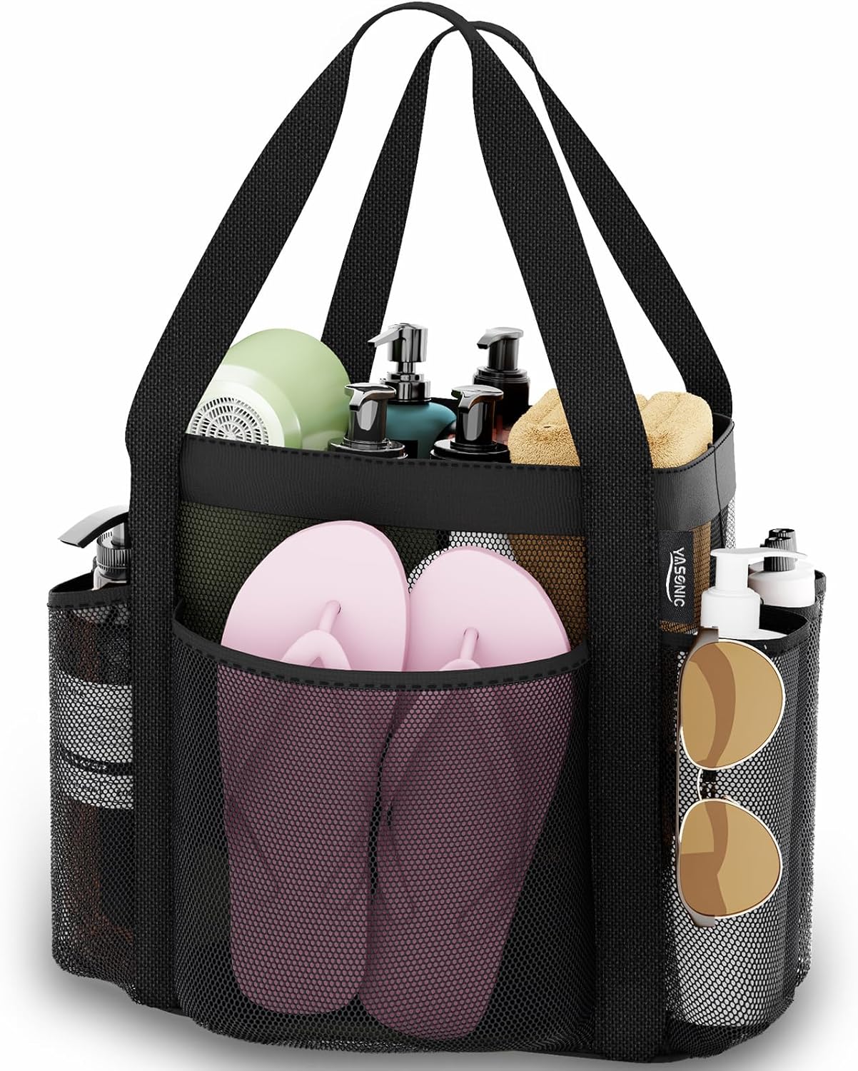 YASONIC Mesh Shower Caddy - Portable 8-Pocket Shower Bag with Double Handles | Black for Dorm & Gym Use