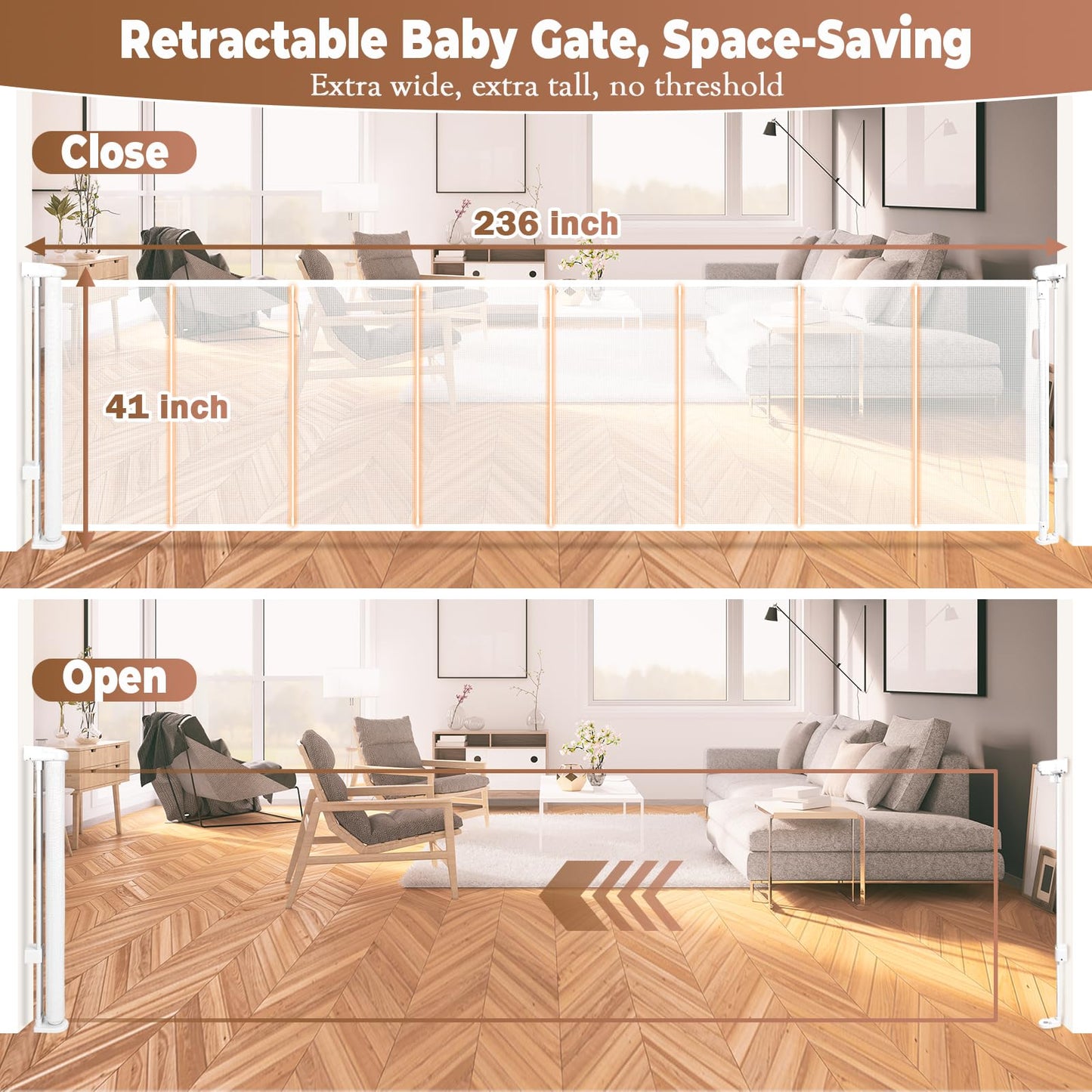 236" Retractable Baby Gate Extra Wide, 41" Tall Retractable Dog Gate for Stairs, Doorways, Decks, Mesh Gate Long Child Gate Pet Gate for Indoor, Outdoor, with Reinforced Mesh Rods, Dual Locks