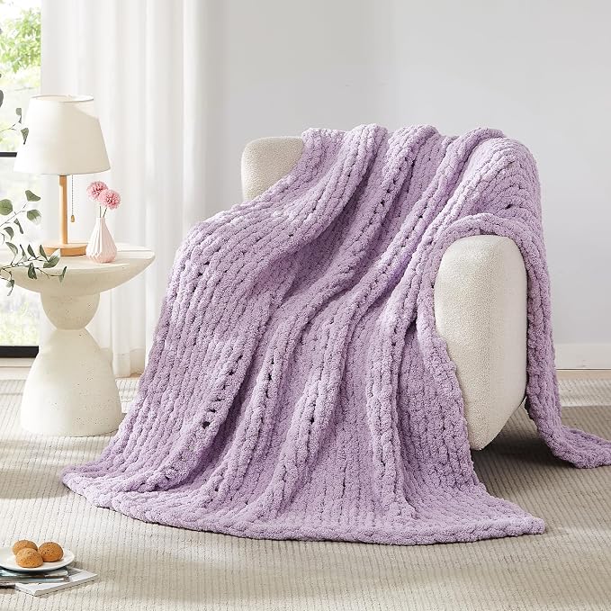 L'AGRATY Chunky Knit Blanket Throw: 72''x84'' Chenille Chunky Knitted Throw Blankets for Bed Couch - Handmade Thick Big Cable Knit Blanket - Large Crochet Rope Blankets for Home Decor(Purple)