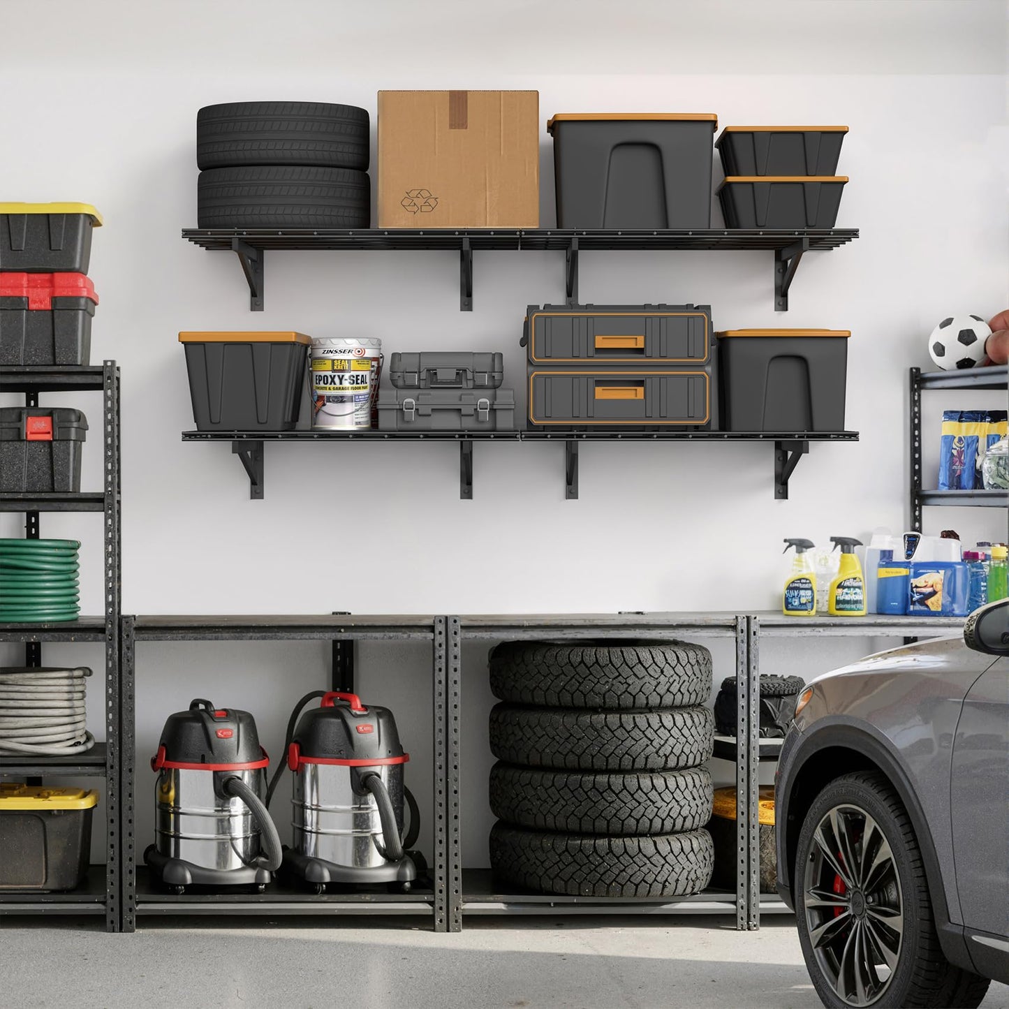 Jusgym 4 Pack Heavy Duty Garage Wall Shelving Set (2x3ft), Wall Mounted Garage Shelves 1400lbs Capacity, 24"x72" Shelf Storage Rack Floating Shelves, Black