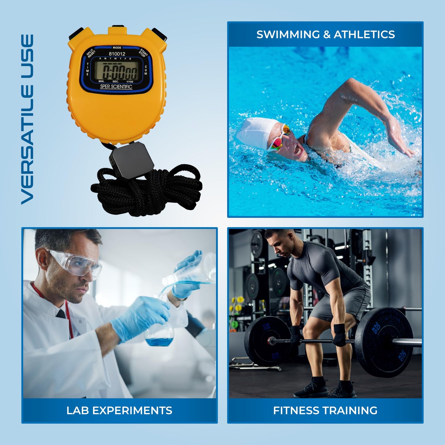 Sper Scientific Water Resistant Stopwatch 810012 - Digital Timer with Split Interval Function, 12/24 Hour Alarm Clock & Calendar for Sports, Labs, Fitness, and More - 2 pc