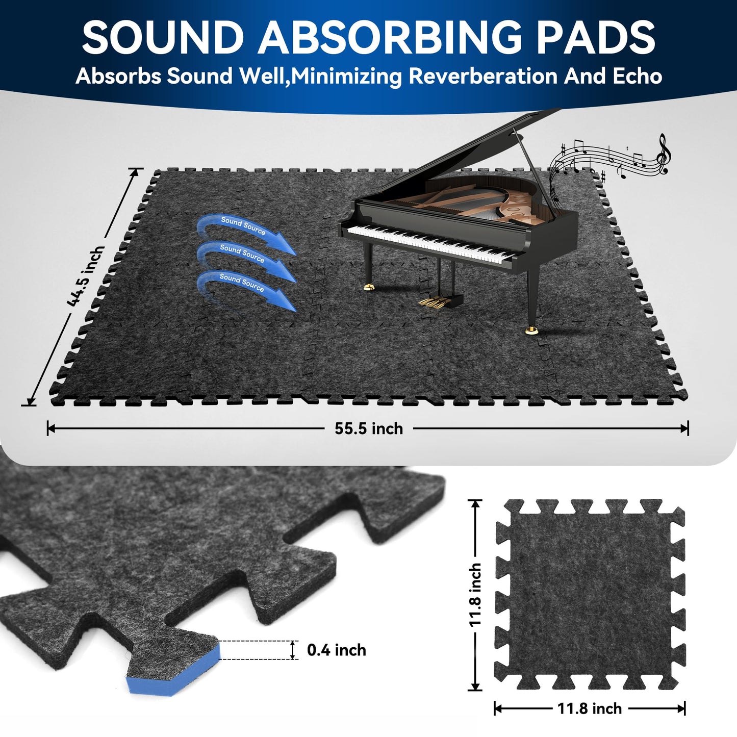 20 Pcs Interlocking Sound Absorbing Floor Mats, 11" x 11" x 0.4" High Density Anti Vibration Noise Reduction Pads, Non-Slip Felt Puzzle Mats for Drum, Piano, Music Studio, Home Gym