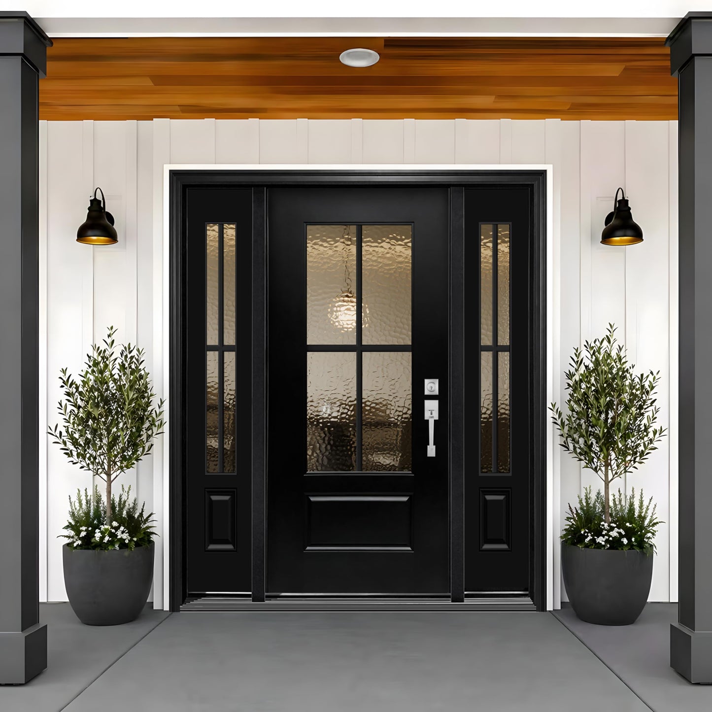 Exterior Fiberglass Front Door 68x80in, Left-Hand Inswing Black Entry Door with 14'' sidelites, Textured Finished with Hammered Glass Knock-Down Entry Door, Vinyl Frame and Brickmould Included