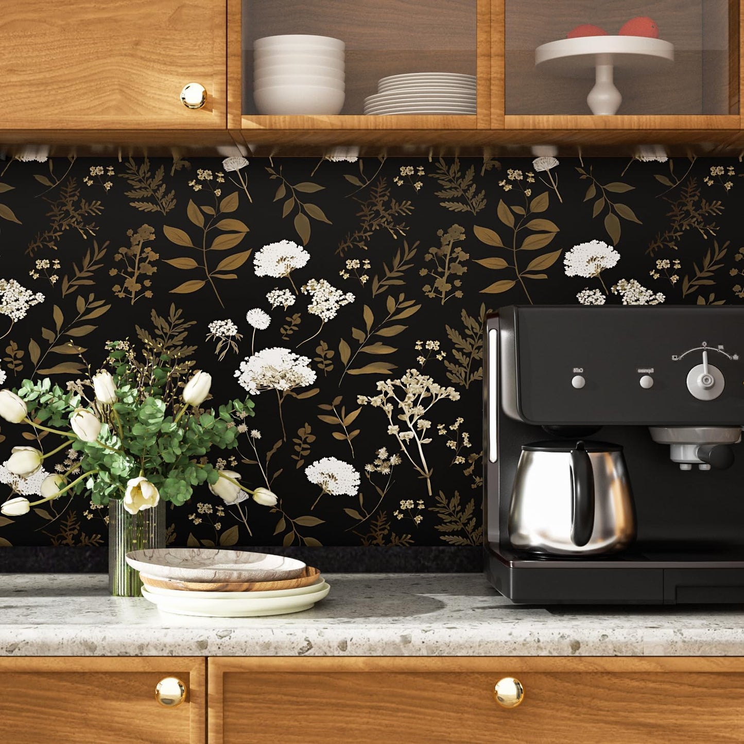 Laatse Dark Floral Wallpaper Peel and Stick Boho Wallpaper 17.5in x 393in Vintage Leaf Contact Paper Vinyl Waterproof Self Adhesive Leaf Botanical Wall Paper for Bedroom Walls Kitchen Cabinet