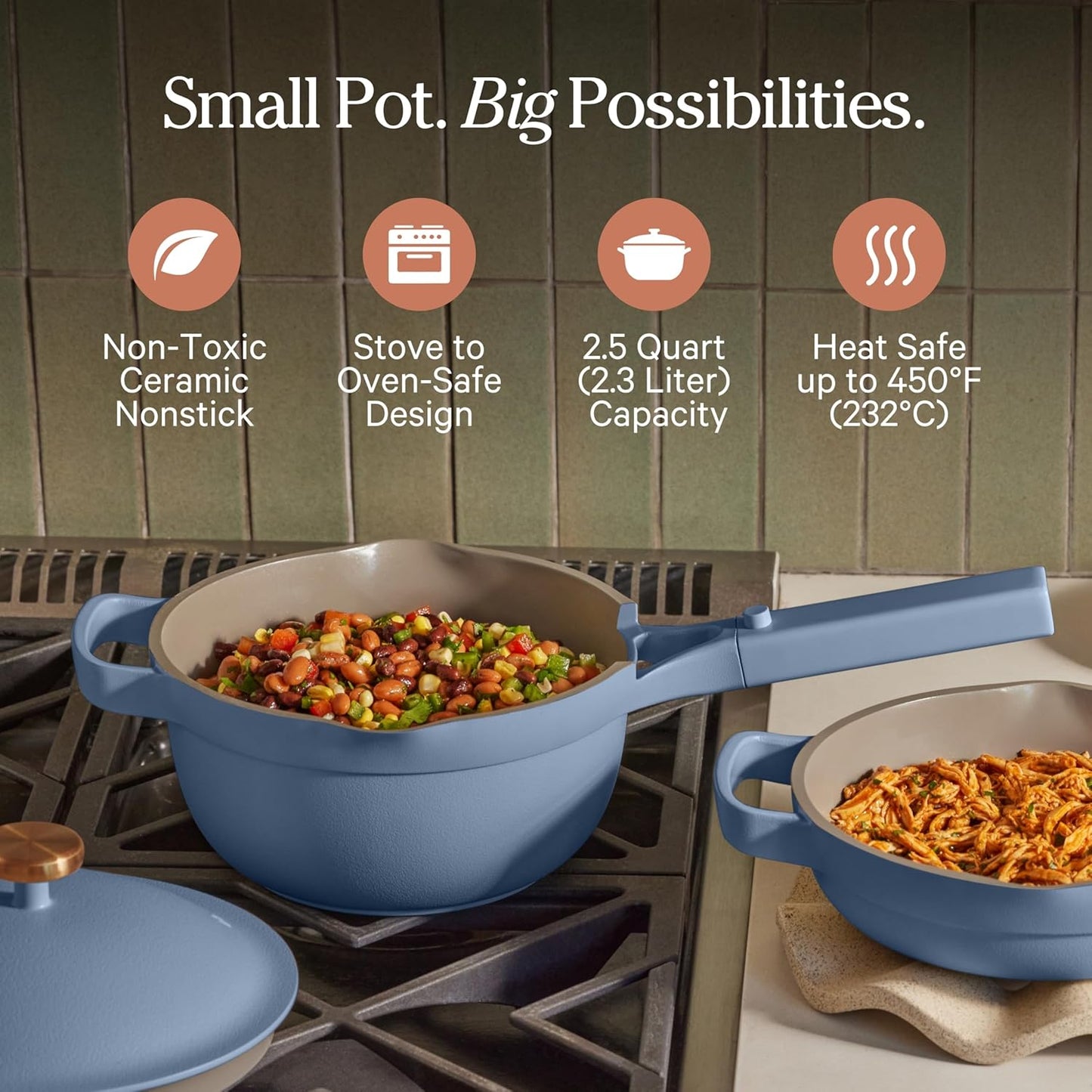 Our Place Mini Perfect Pot - 2.5 Qt Ceramic Cookware with Lid & Spatula | Patented 8-in-1, PFAS-Free, Non-Toxic | Induction & Oven-Safe to 450°F | Blue Salt