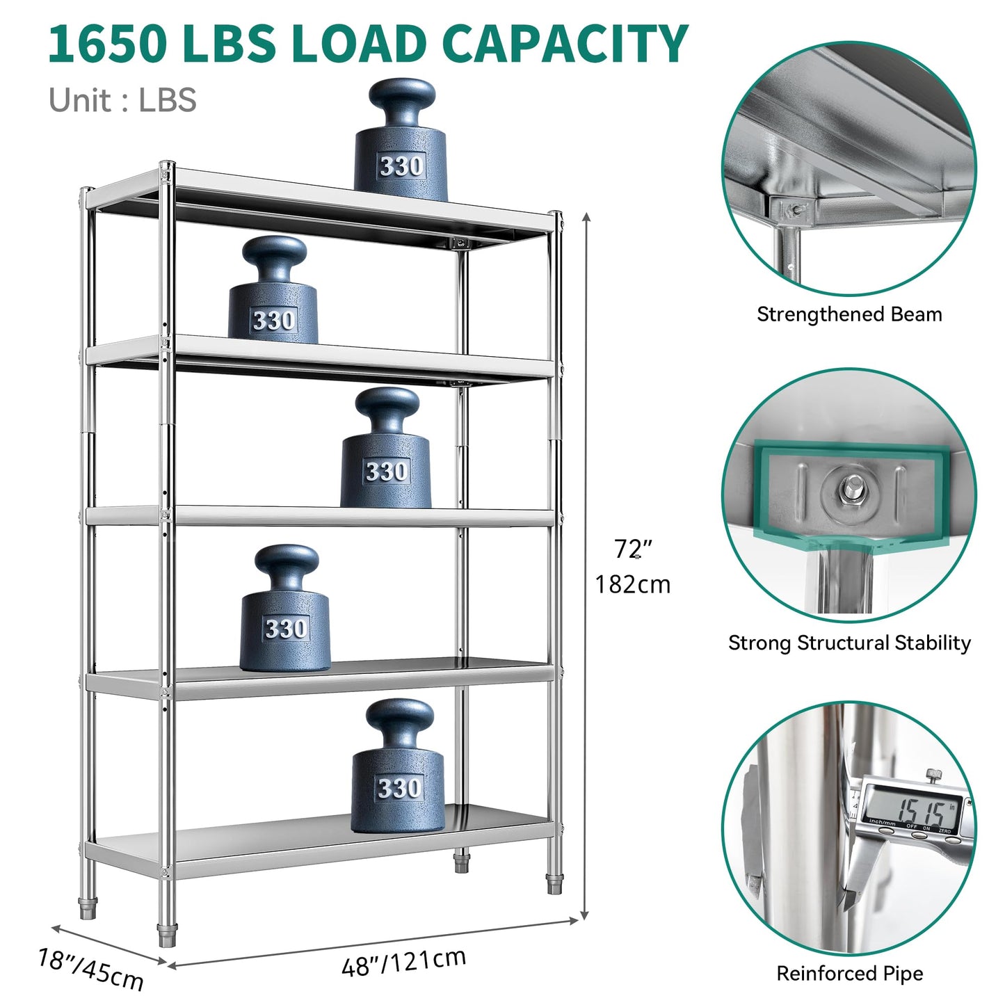 YITAHOME 5 Tier Stainless Steel Shelves 48x18x72in, NSF Metal Adjustable Shelves Unit for Kitchen, Commercial Office, Garage, Warehouse Storage, 330lb Capacity per Shelf