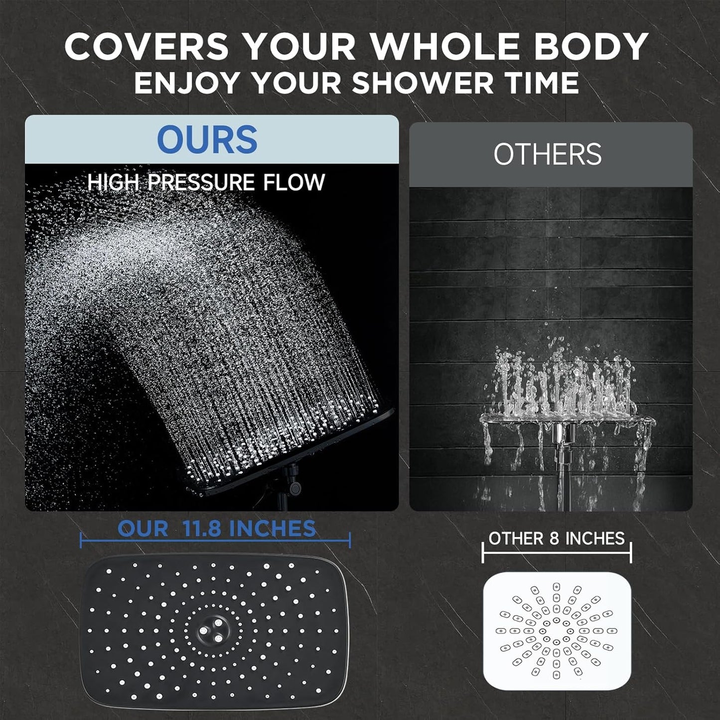Veken Rain Shower Head - High Pressure Handheld Shower with Multi Spray Modes | 11.8" Matte Black