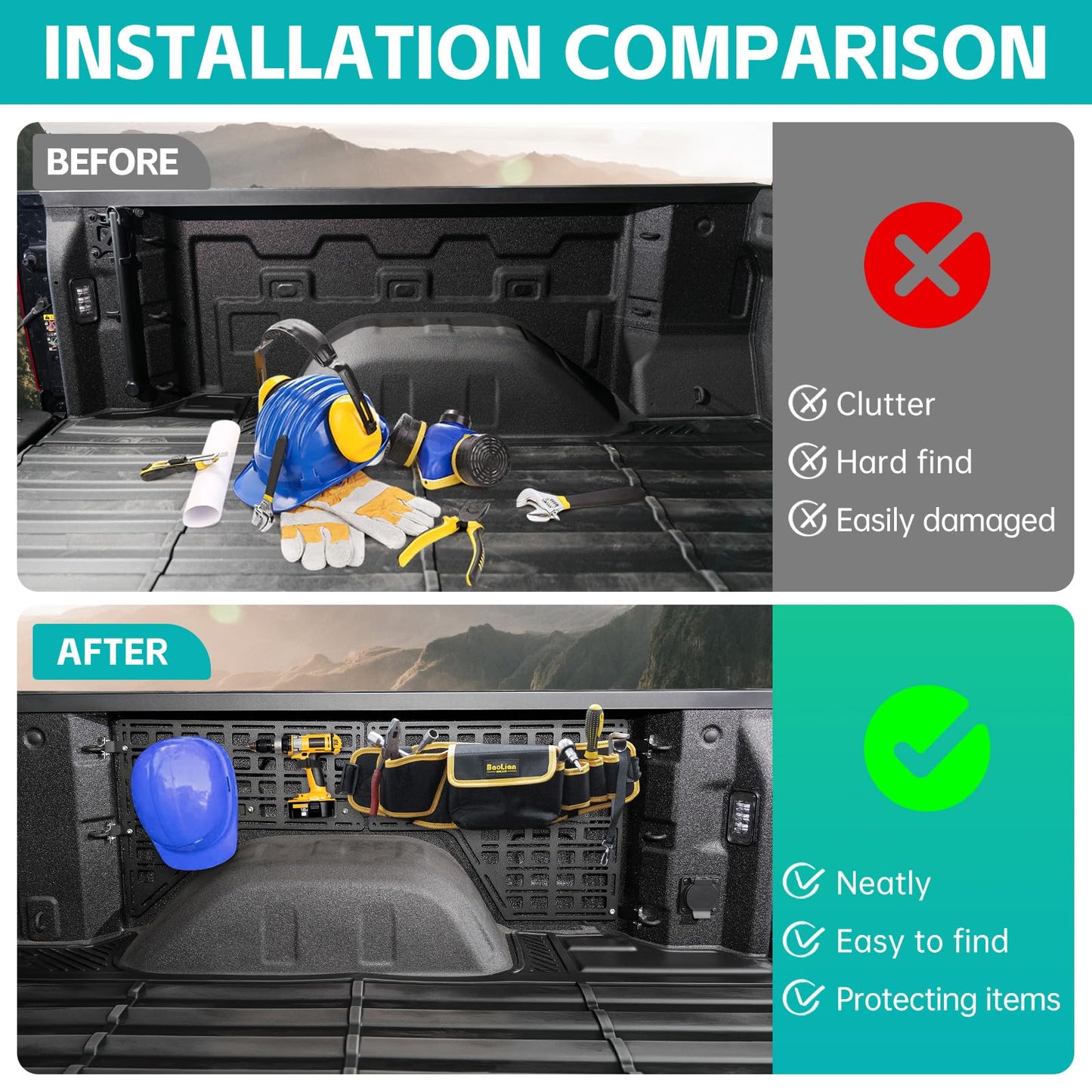 OUSUWO Side Truck Bed Molle Panel Rack System Compatible with 2019-2025 Chevy Silverado/GMC Sierra 1500 5.8FT Accessories Cargo Storage Organizer Tools Rack for 19-25 Chevrolet Silverado Accessories