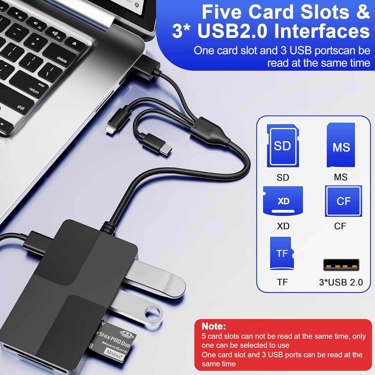 SHOWAIST 8 1 3 2.0 Memory Stick Pro Duo Reader Adapter, in SD/MS/TF/CF/XD Card Reader with USB Ports, L-ightning+USB