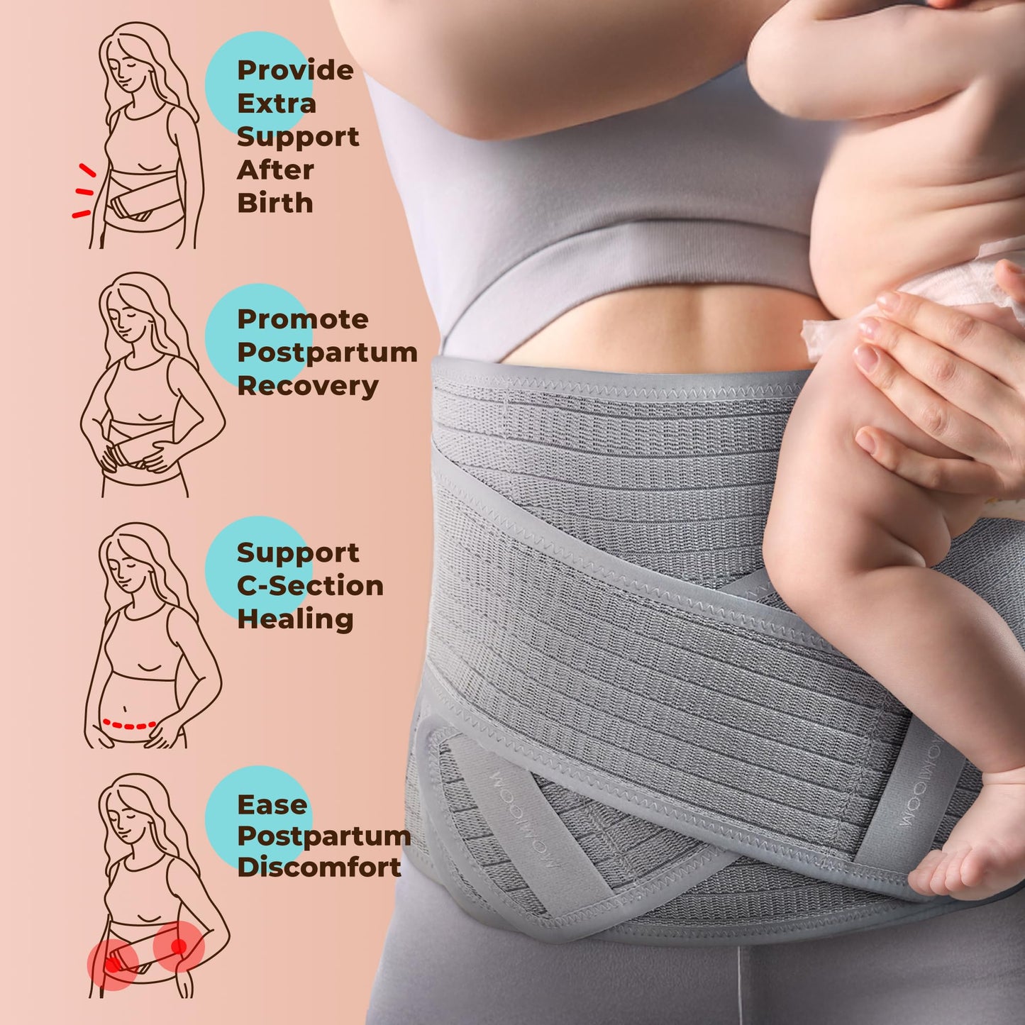 MOOIMOM Postpartum Belly Band for Women C-Section Recovery, Breathable Abdominal Binder Post Surgery Hernia Support, Adjustable Belly Wrap Waist Trainer for Back Support, Maternity Postnatal Care Belt