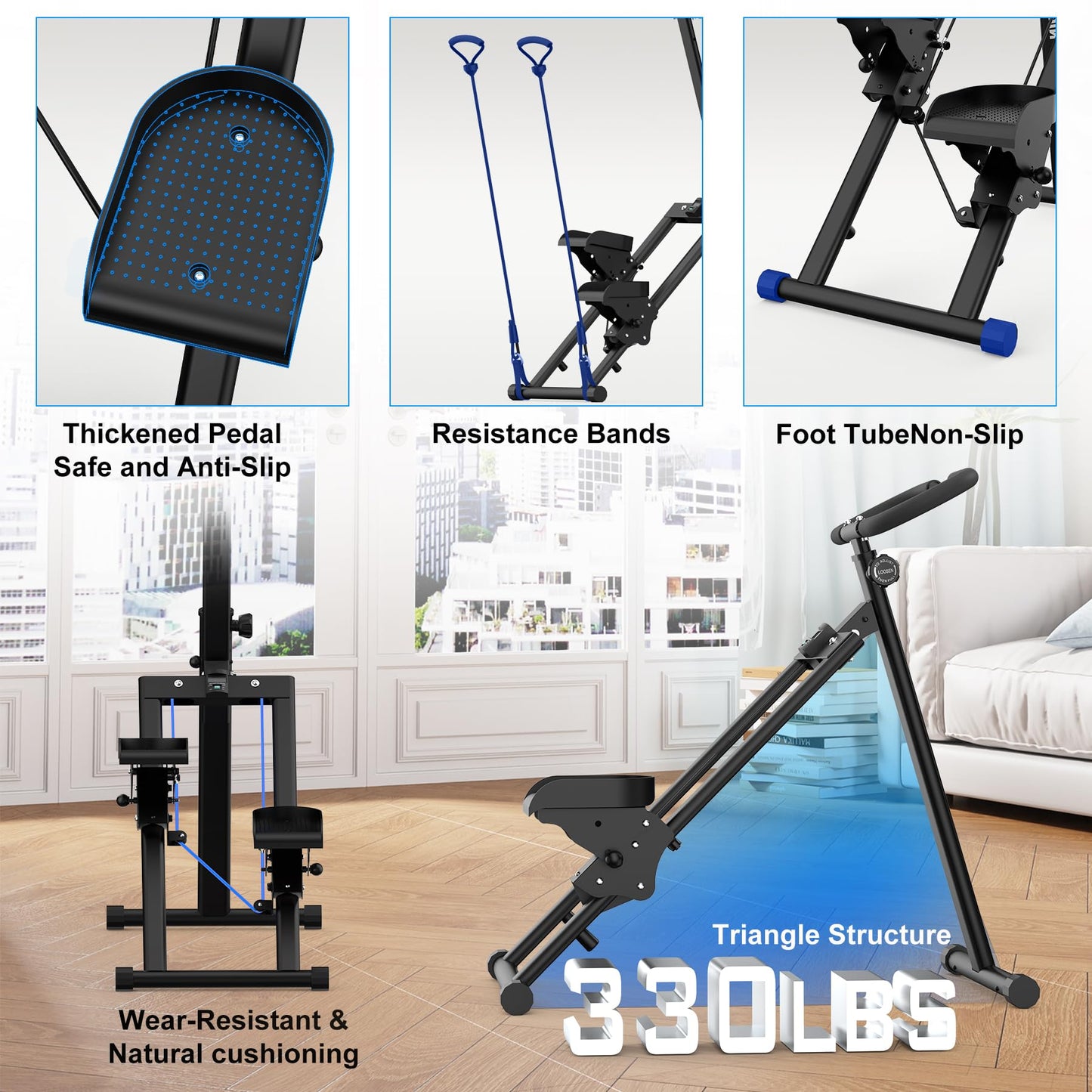 HIKEDIN Stair Stepper Vertical Stair Master with Optional Resistance Bands Adjustable Handlebar & Pedals Climber Exercise Machine for Full-Body Workout, New Version (Black)