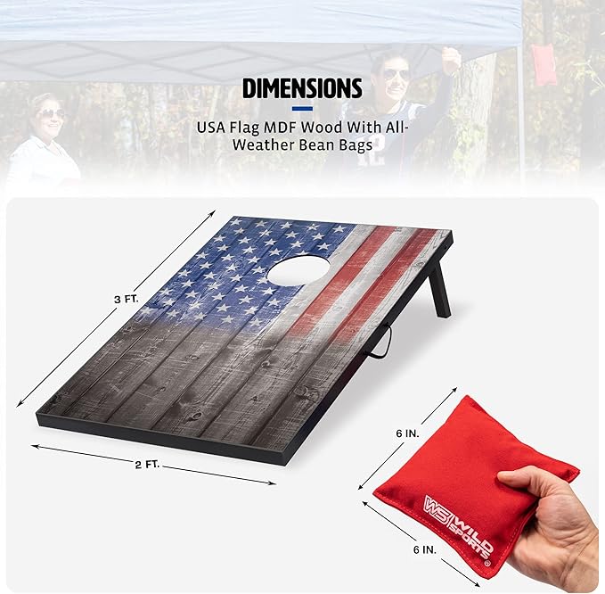 Wild Sports 2’x3’ or 2’x4’ Cornhole Outdoor Game Set, USA Flag or Natural Wood Options with Carry Bag Included – Perfect for Backyard, Beach, and Tailgates, Add On Extra Bags