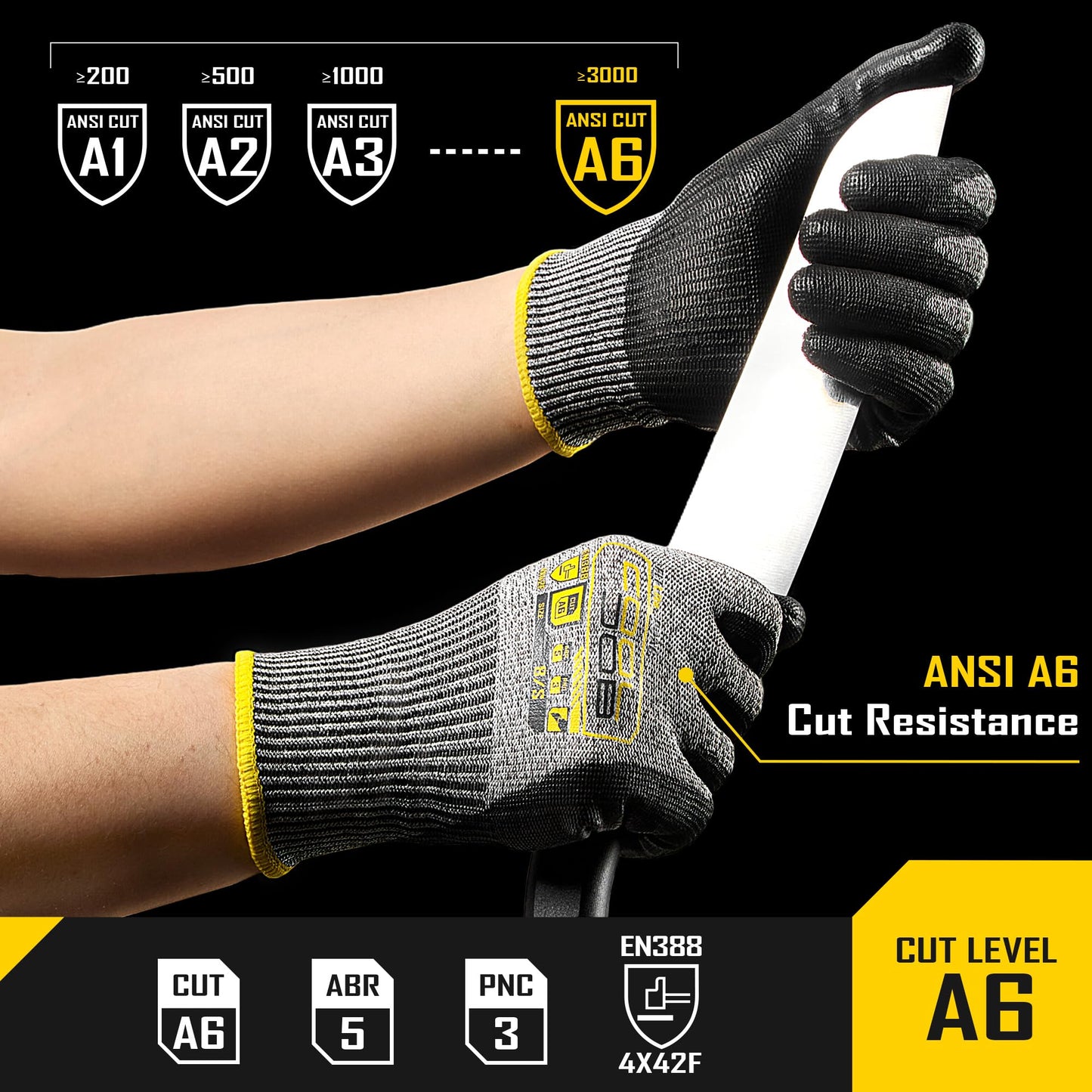 COOLJOB 12/120 Pairs A6 Cut Resistant Safety Work Gloves with Grip, Breathable & Lightweight Polyurethane PU Coated Protective Gloves for Wood Carving, Glass Handling, Mechanic Work, Gray Large