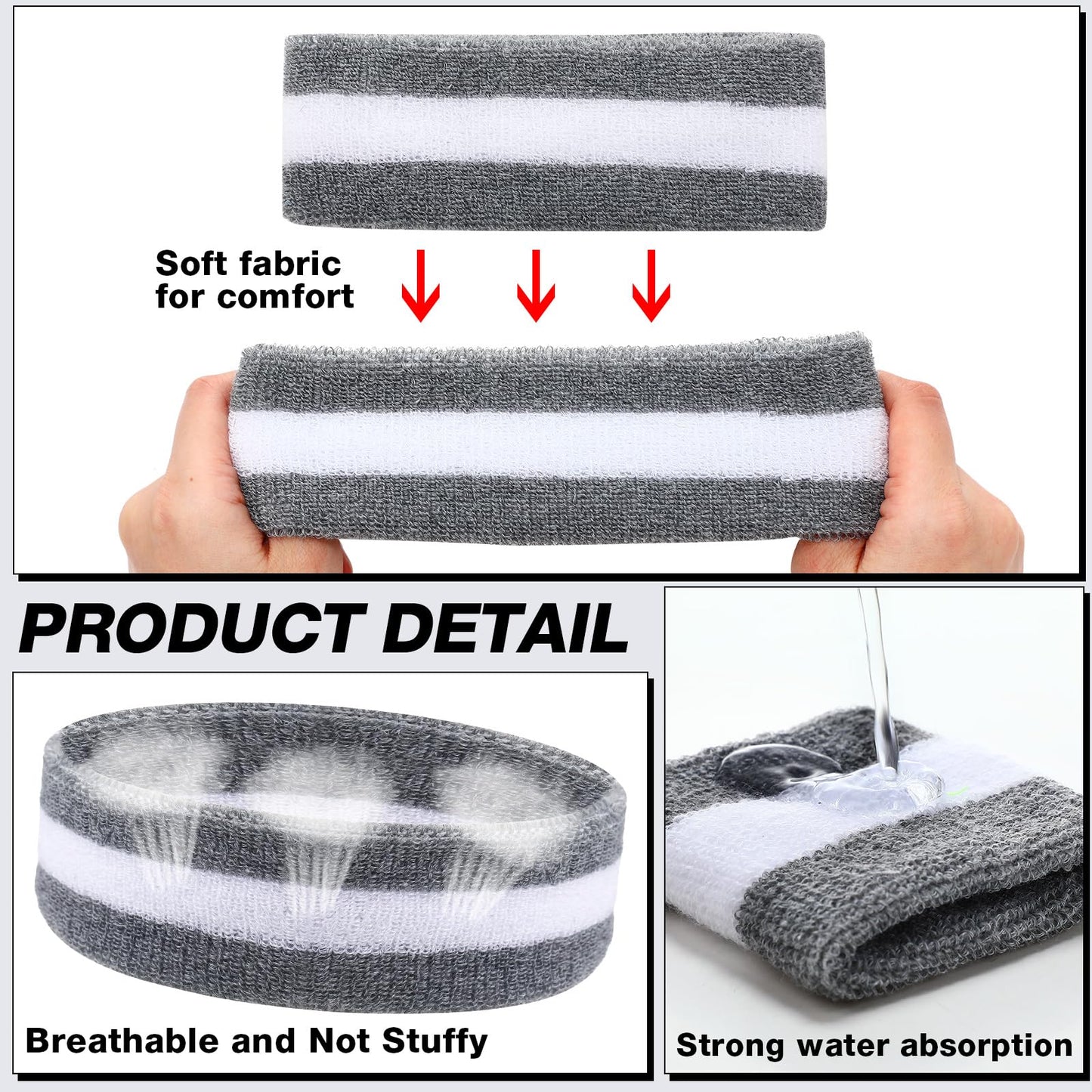 Eurzom 36 Pcs Neon Sports Sweatbands Set Include 12 Striped Sweat Absorbing Headbands 24 Wrist Sweatbands Cotton Wristbands for Men Women Gym Tennis(Grey, White)