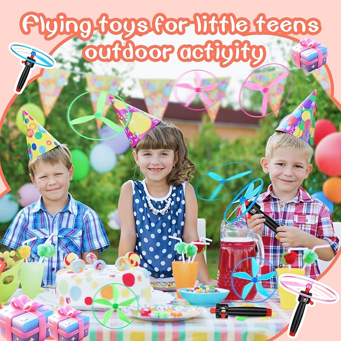 12 Pcs Flying Saucer Flying Disc Toy Helicopter Toy Disco Flyers Include 4 String Launchers and 8 Flying Saucer Flying Disc Launcher Flying Toys Little Teens Outdoor Activity Birthday Favors