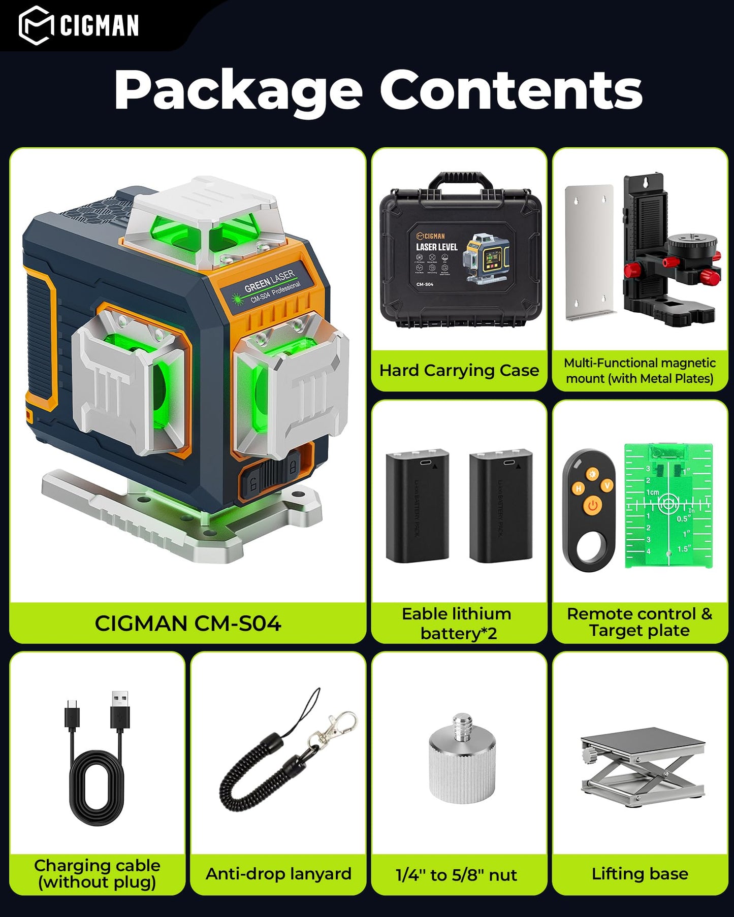 CIGMAN 16 Lines Green Laser Level 4×360° Self Leveling, Side LCD, Bluetooth App Remote, Pulse Mode for Receiver, 2×Li-ion (USB-C), Liftable Stand, 1/4" Mount, IP54, ABS Hard Case – S04