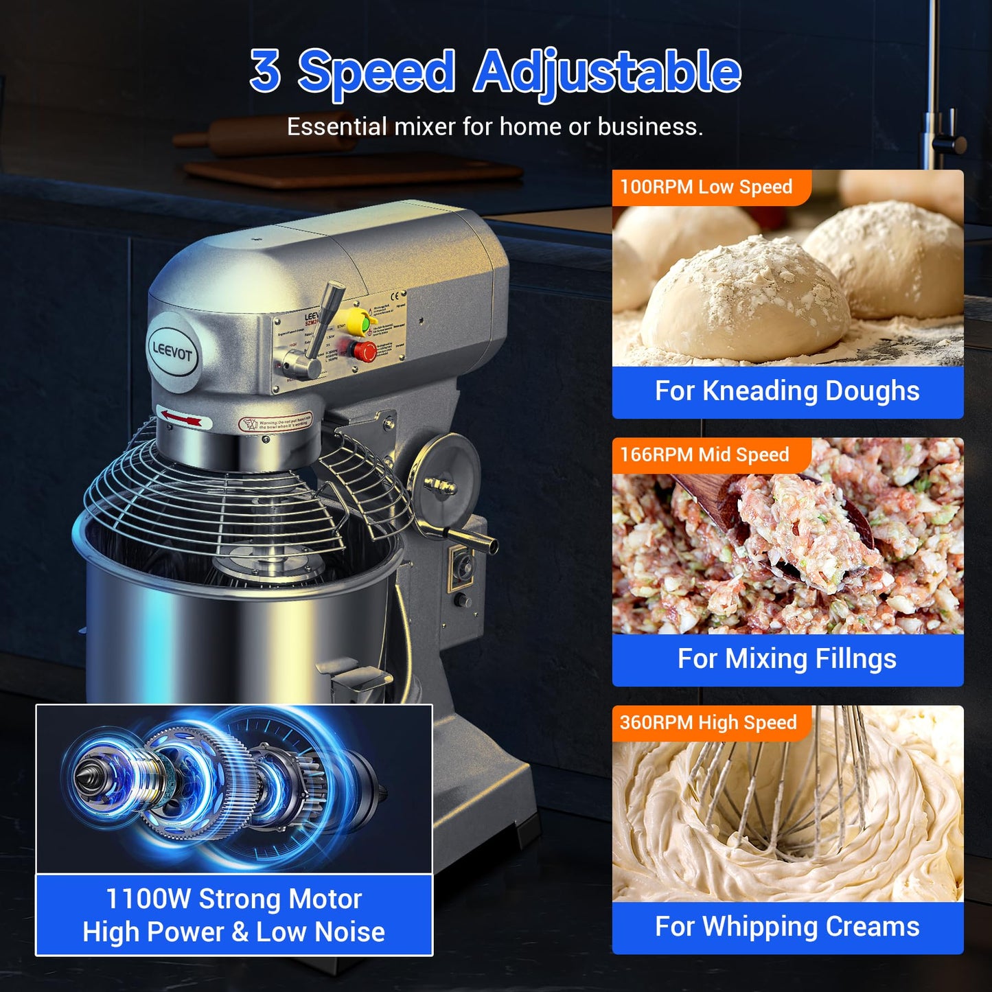 EKway 20Qt Commercial Stand Mixer with Timing Function,1100W Commercial Mixer 3-Speed Adjustable,Electric Stand Commercial Dough Mixer with Stainless Steel Bowl for Bakery Pizzeria