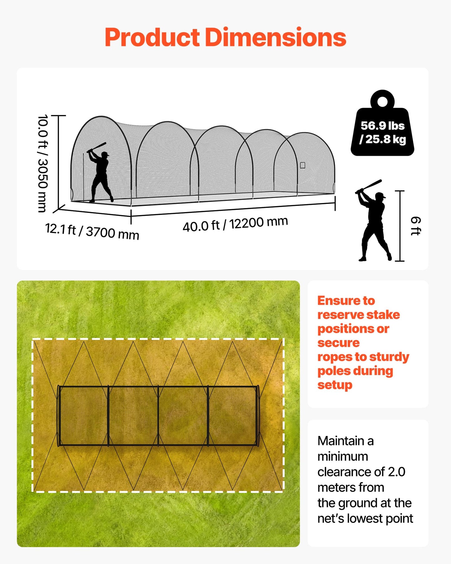 VEVOR Baseball Batting Cage, 40.0 x 12.1 x 10.0 FT Fiberglass Portable Batting Cage, Hitting Cages with 4-Ply Knotless Polyester & Pitching Machine Opening, Battings Cages Netting for Indoor Outdoor