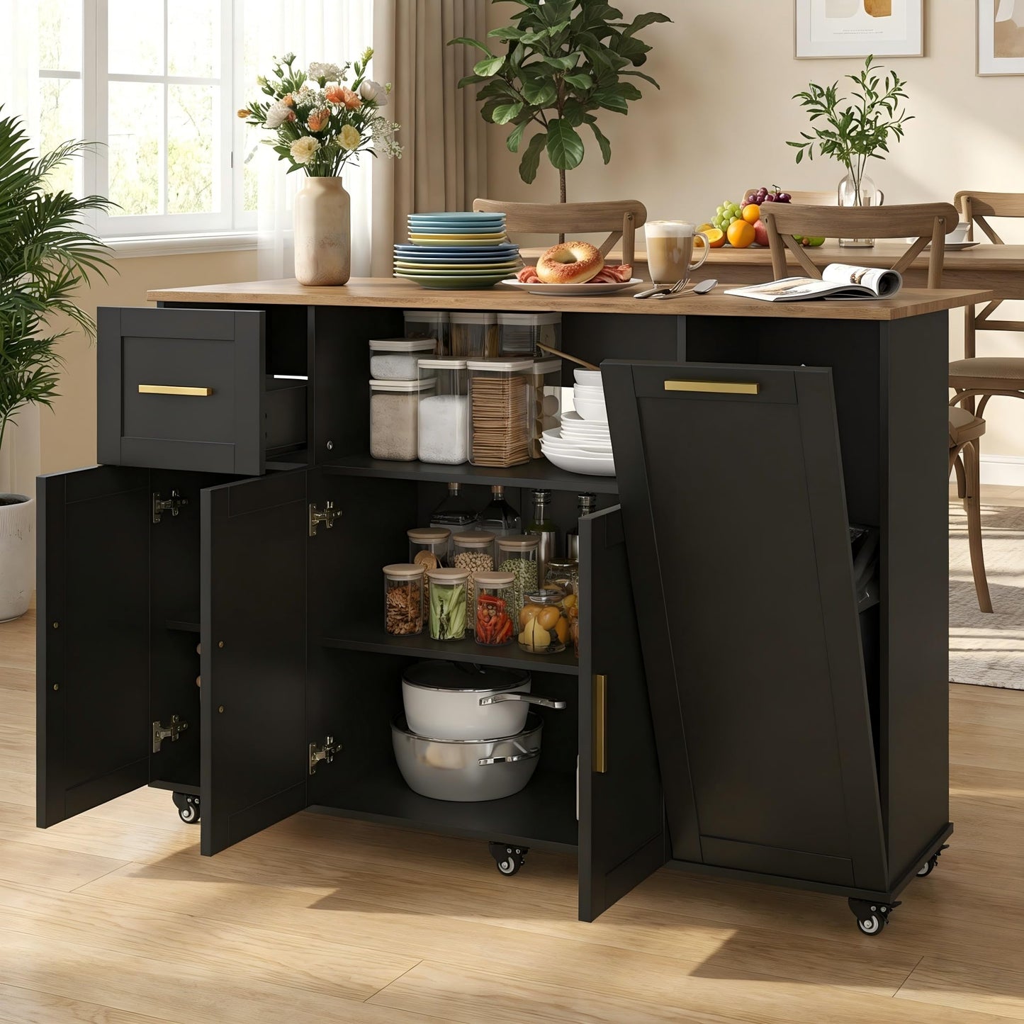 FFIQQ 59 Inch Large Mobile Kitchen Island Cart with Drop Leaf, 2 Cabinets, Drawer, Extra Counter Space & Trash Bin Storage, Rolling Portable Prep Table for Kitchen, Black, Particleboard