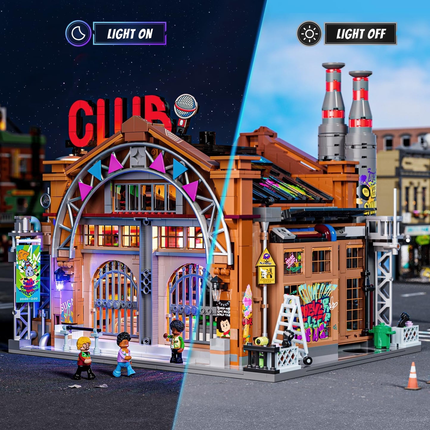 FUNWHOLE Factory House of Music Lighting Building Bricks Set - Street Fusion Music Club City Town Fully Accessible Multi-Form Modular Collection Kit 2654 Pcs for Adults & Teens & Street Culture Lovers