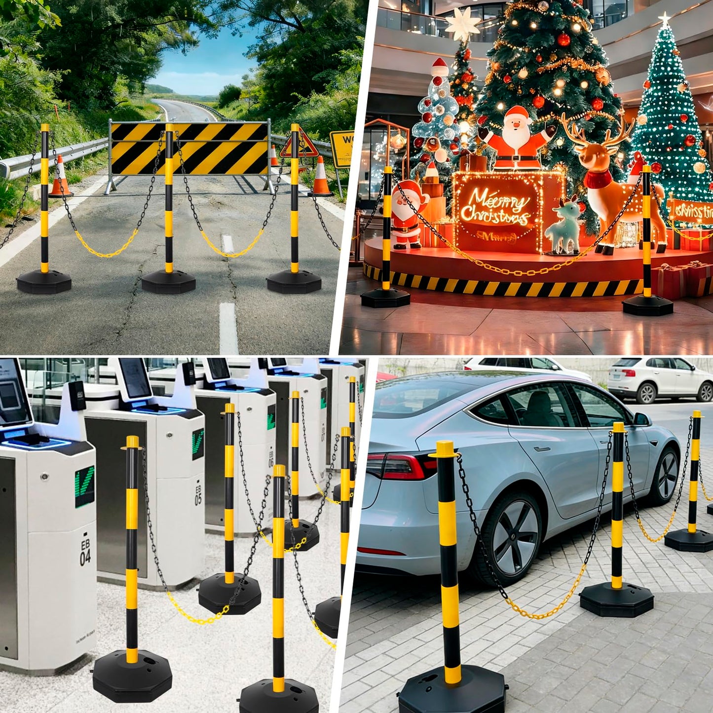 SHAREWIN Parking Delineator Stanchion with Base - 10 Pack 35" Post Traffic Cone, Reflective Collar Black, Yellow - Chain Barriers for Construction, Crowd Control, Events, Road Warning