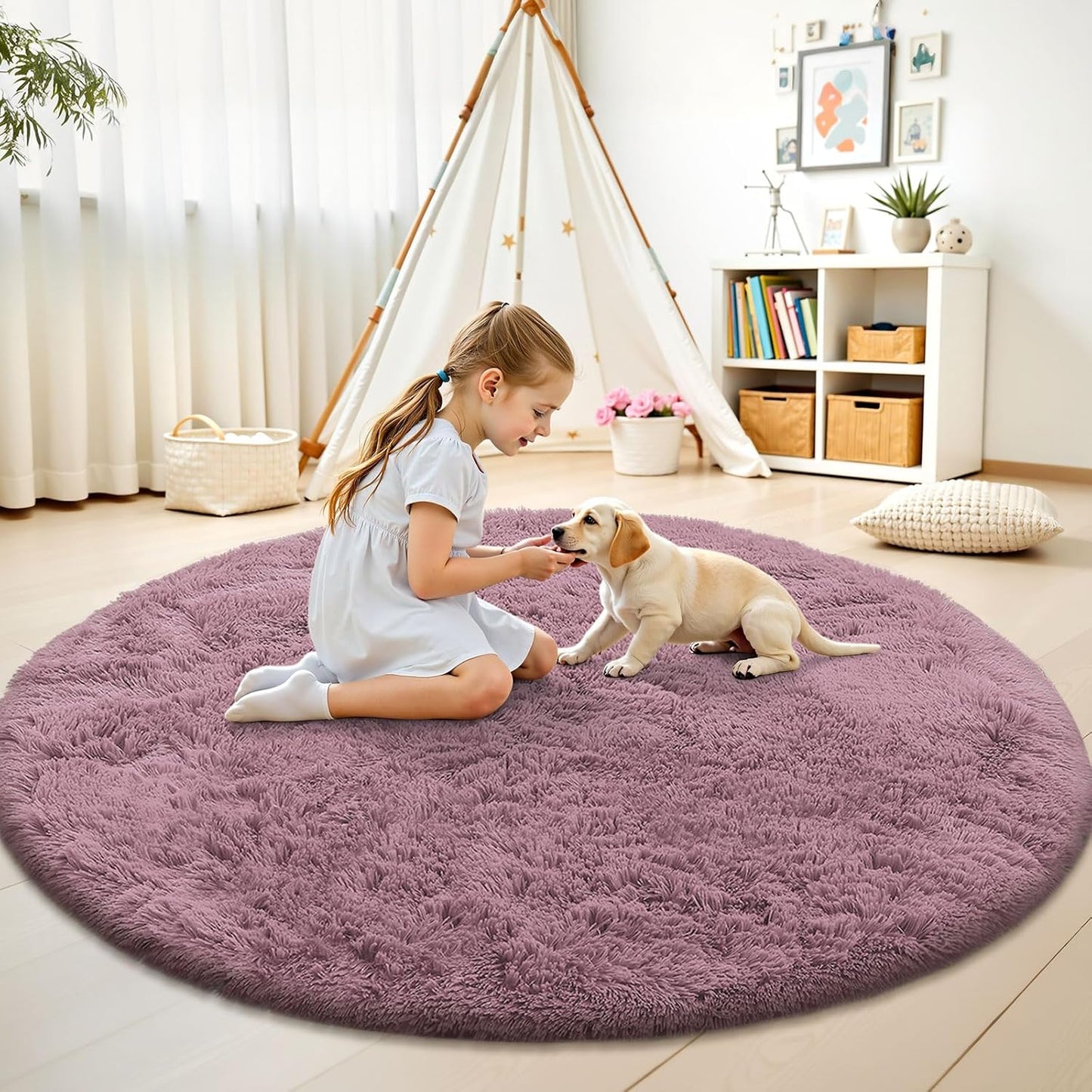 OLANLY Blush Round Area Rug - Soft, Fluffy 7 ft Circle Carpet for Bedroom & Living Room Decor