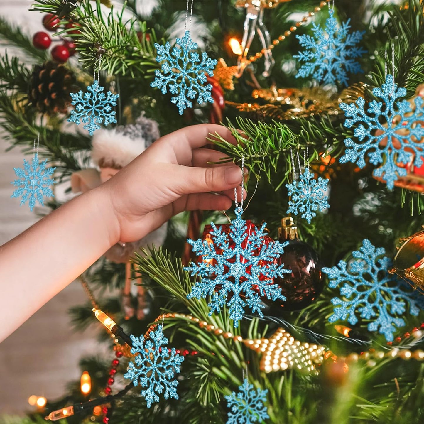 Skiennix 36-Pack Blue Snowflake Ornaments - Glittery Plastic Decorations for Indoor Winter Wonderland