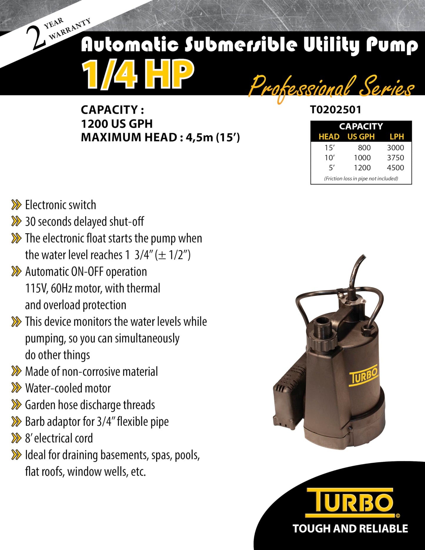Turbo 1/4HP Submersible Utility Pump with Electronic Switch