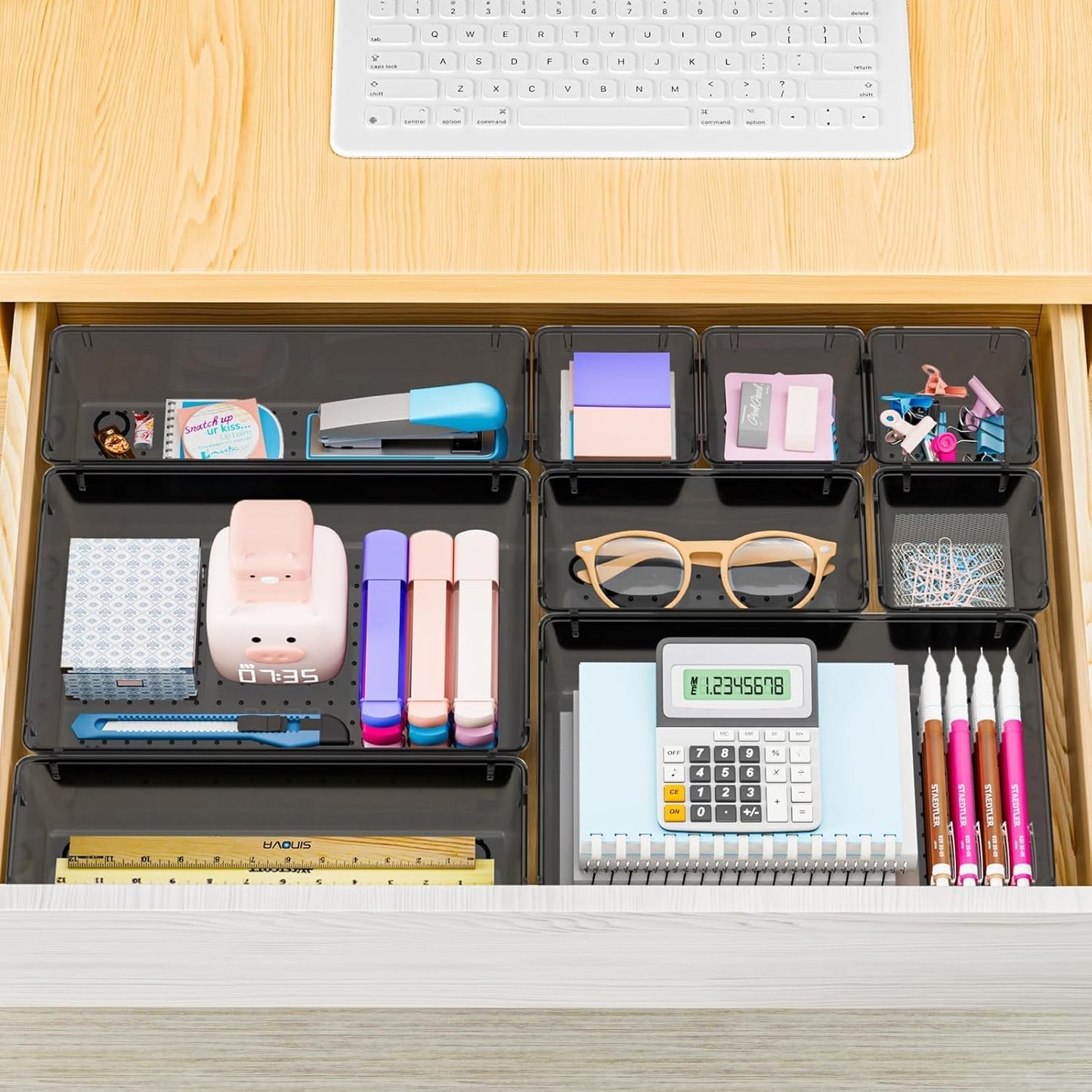 SpaceHacks 25 PCS Plastic Drawer Organizer Set - Versatile Tool Trays & Storage Bins for Makeup, Jewelry, Gadgets | Clear & Black
