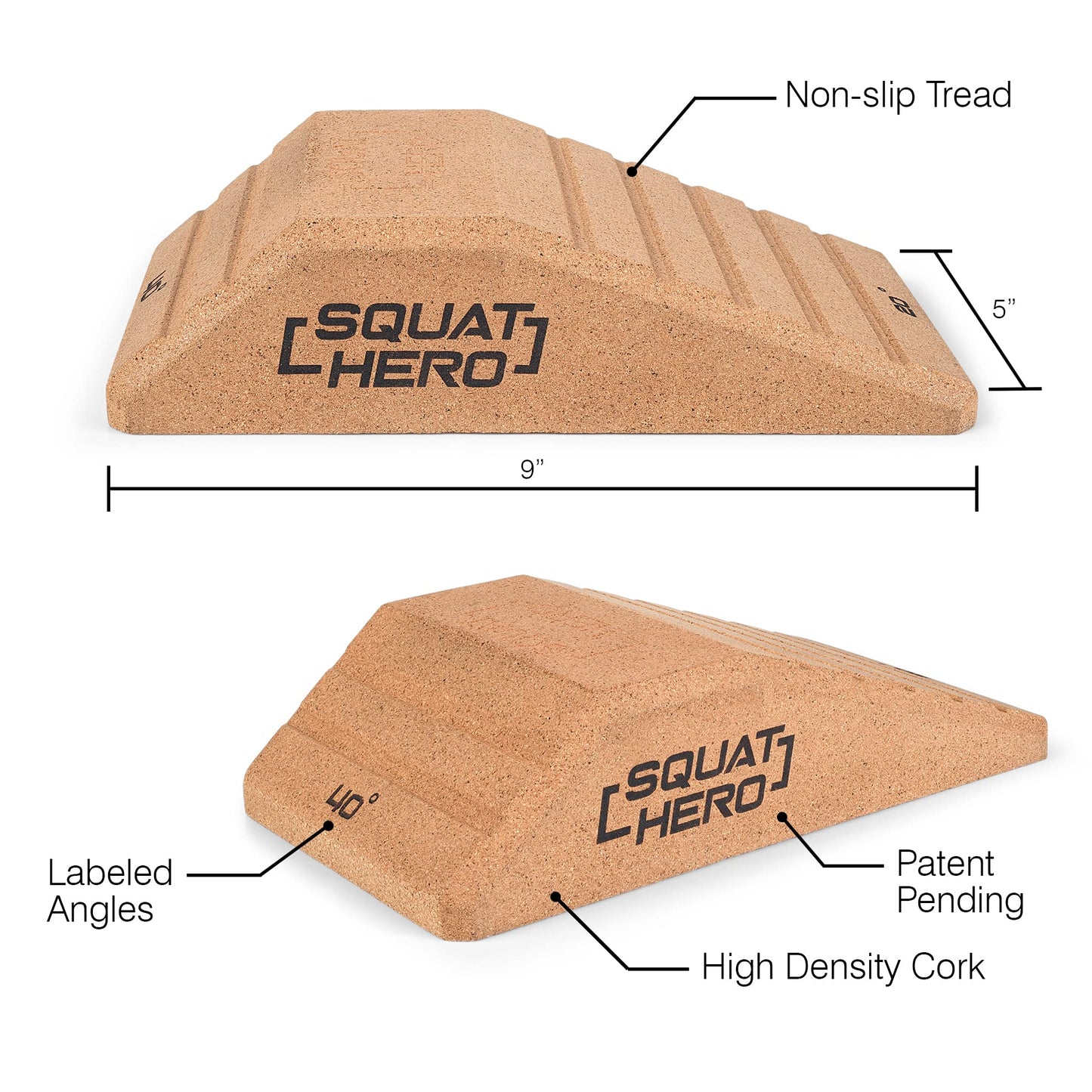 Squat Hero, Cork Squat Wedge Block, Perfect for Knees Over Toes and Full Depth Squat Training, Patent Pending Non-Slip Slant Board, Deadlift Wedge, Calf Stretcher, Quantity 2