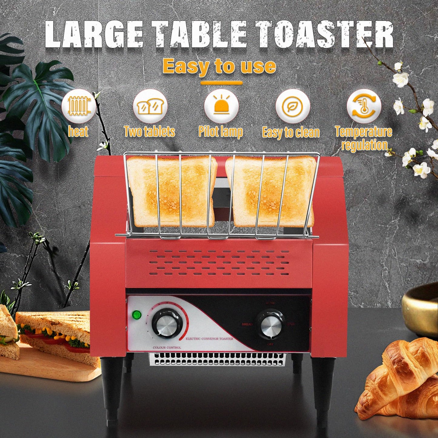 NJTFHU Commercial Conveyor Toaster 300 Slices/Hour Red Conveyor Toaster 3 Modes/7 Speeds Stainless Steel Tabletop Toaster for Toast, Bagels and Other Baked Breads