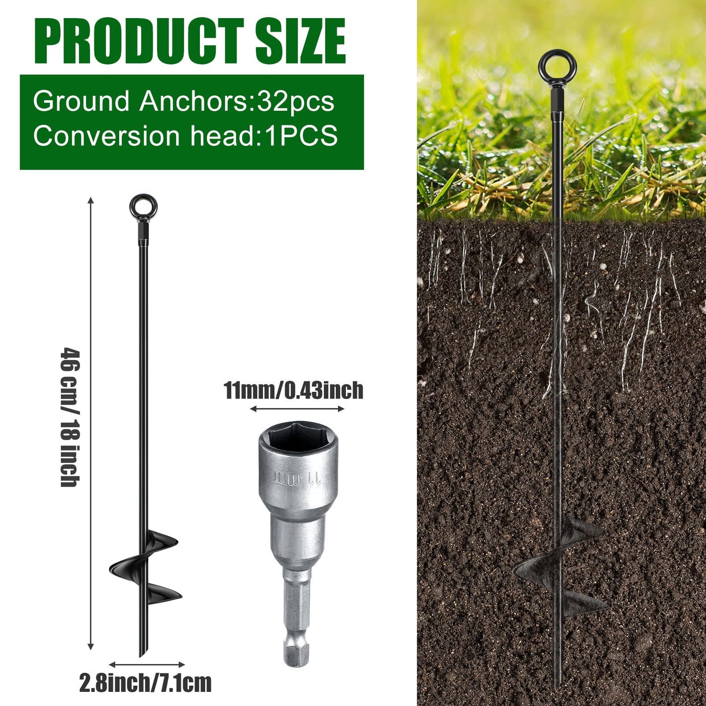 Chumia 24 Pcs 18 Inch Ground Anchor Spiral Blade Heavy Duty Earth Anchors Swing Set Metal Shed Kit for Garden Securing Trees Tents Trampoline Canopies Shelters (Black)