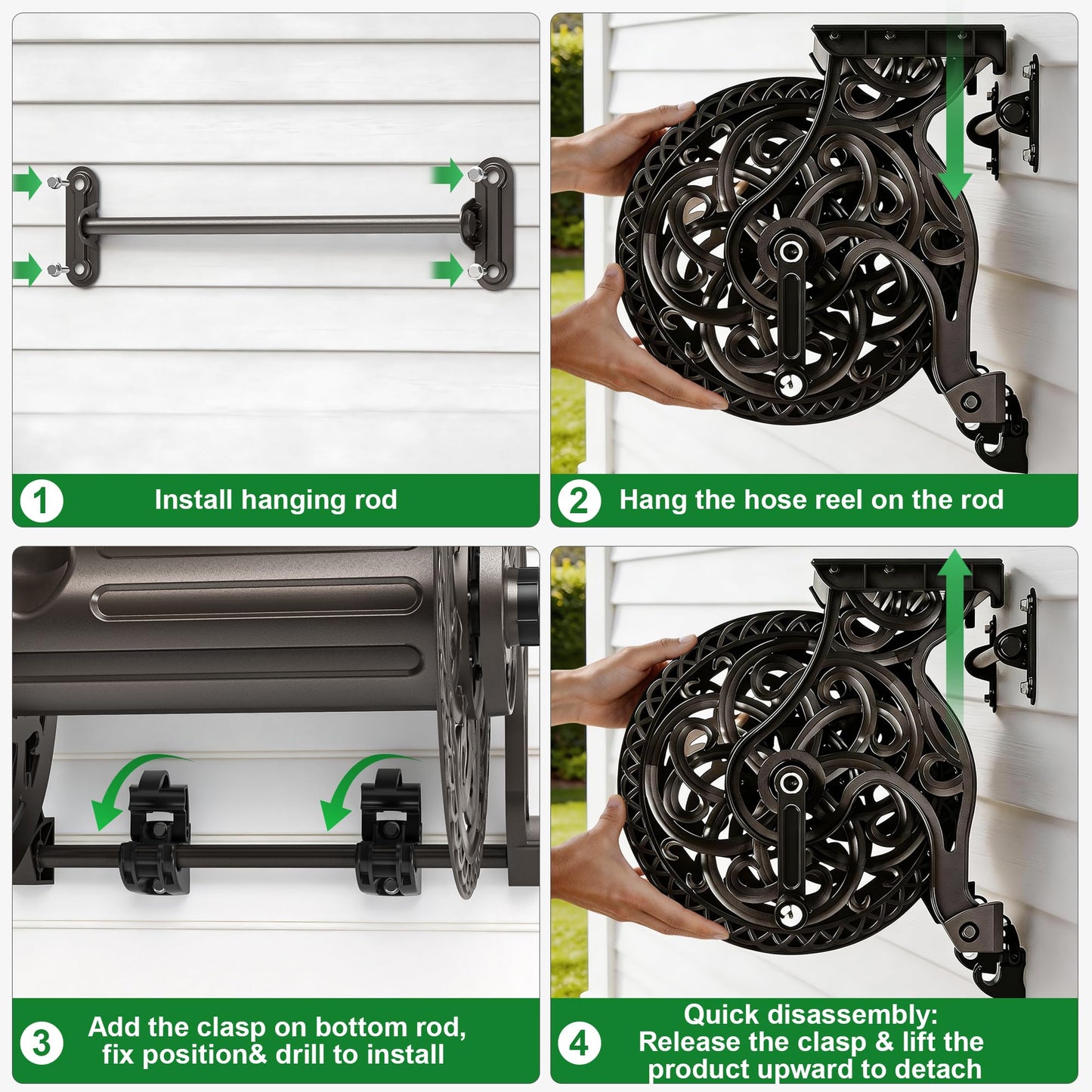 Garden Hose Reel Wall Mount Metal, Holds 125 ft x 5/8" Decorative Water Hose Holder for Outside Storage, Heavy Duty Aluminum Frame w/Shelf, No-Leak Aluminum Water System, Easy Assmbly, Dark Bronze
