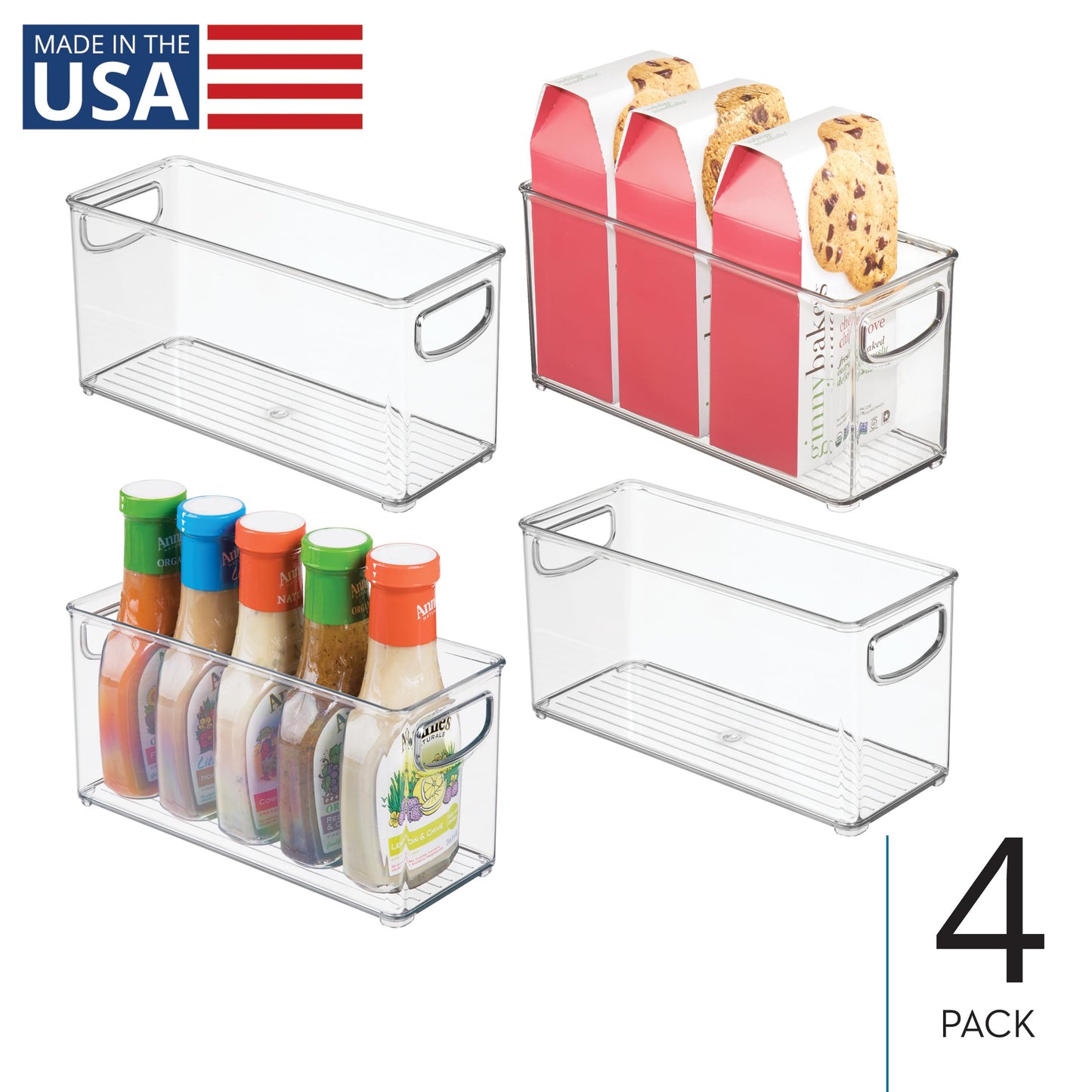 iDesign Slim Clear Plastic Stackable Storage Bin, Tall Narrow Organizer for Kitchen or Pantry, 4-Pack