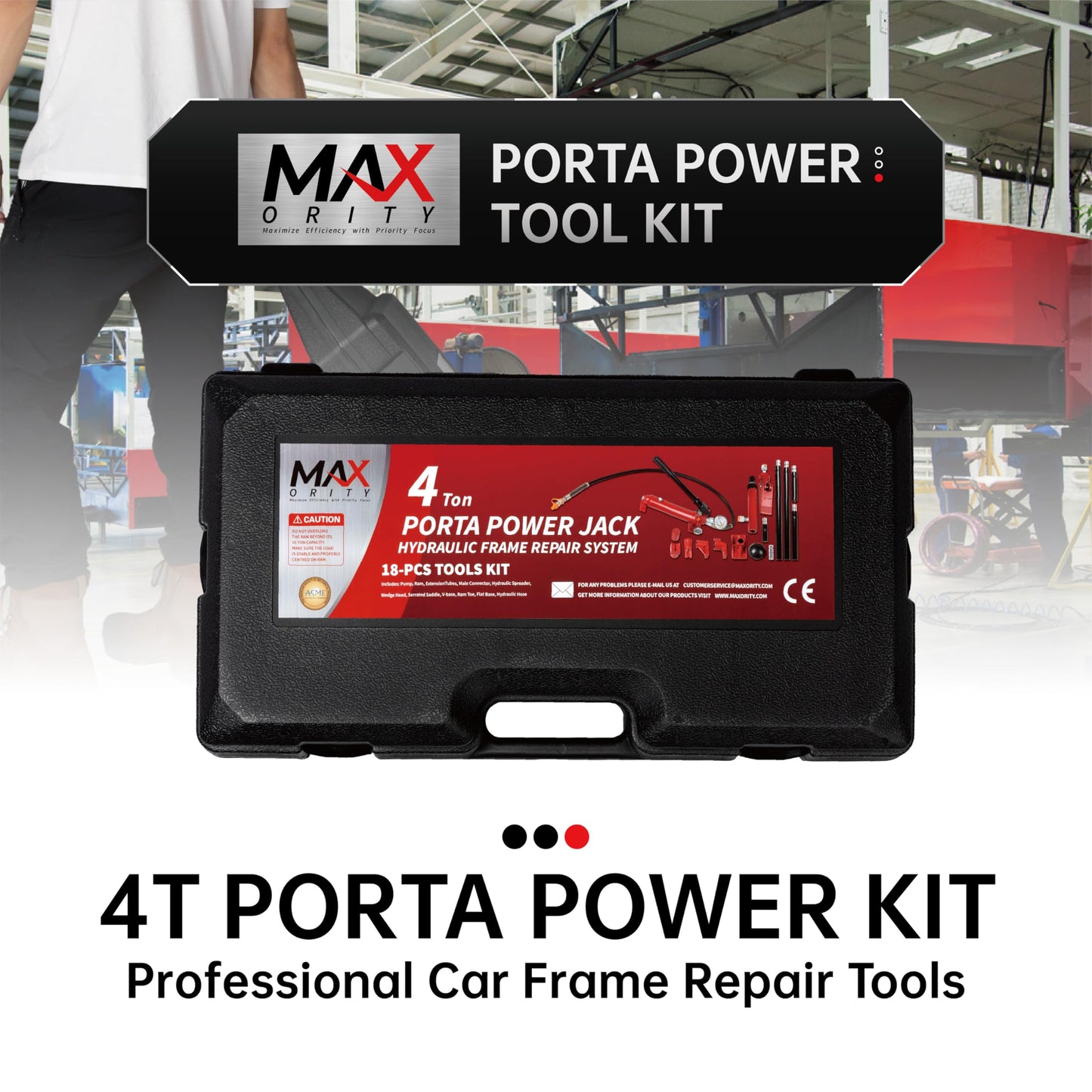 Maxority 4 Ton (8800 lbs Capacity) Porta Power Jack Hydraulic Ram Auto Body Frame Collision Repair Kit Set, 18-Pcs, with Blow Mold Carrying Case and Gauge