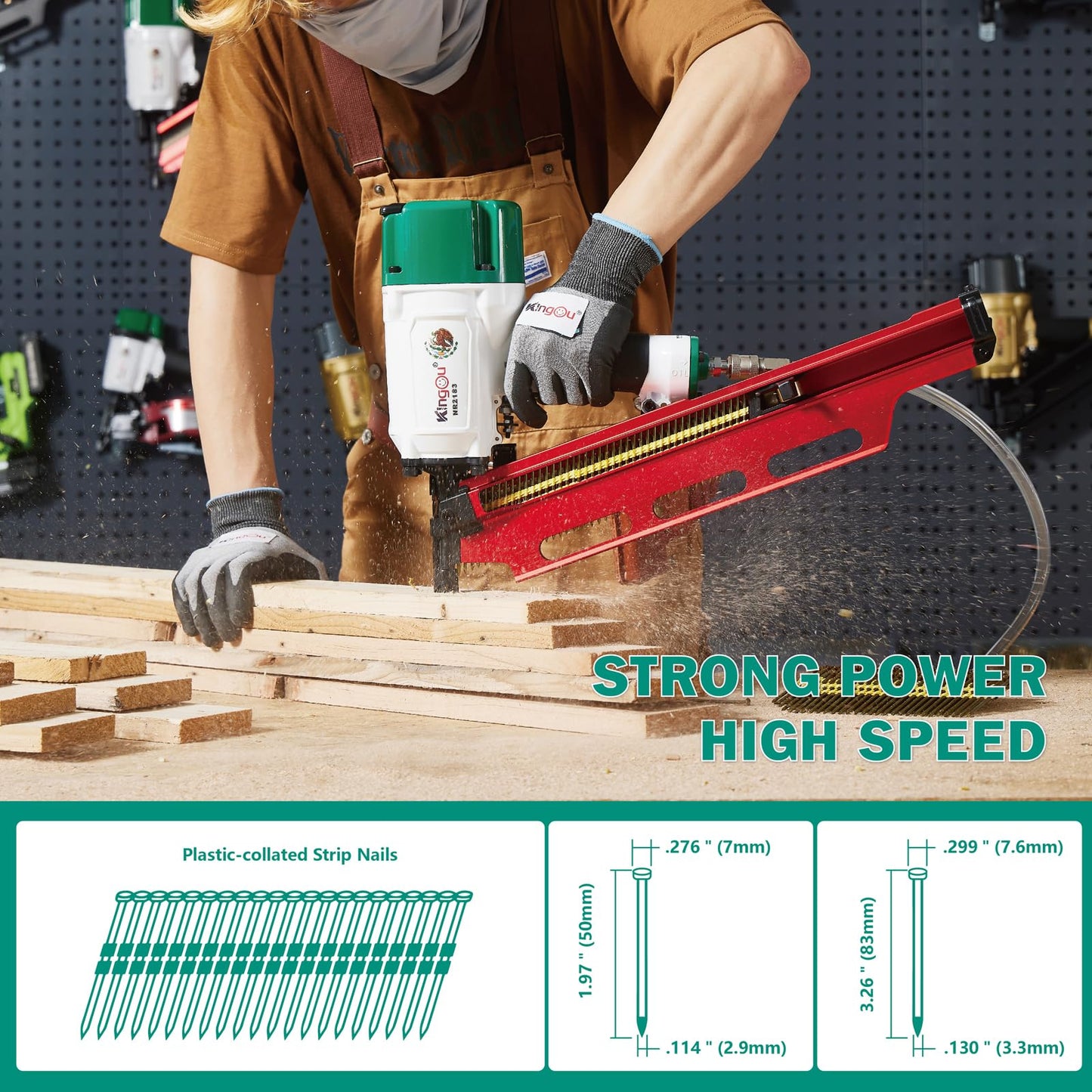 KingOu Mexican Style NR2183 21 Degree Aluminum Magazine Framing nail gun, Pneumatic Framing Nailer, 2-Inch up to 3-1/4-Inch Plastic Collated Full Head Framing Nails, Framing, Wooden House Building