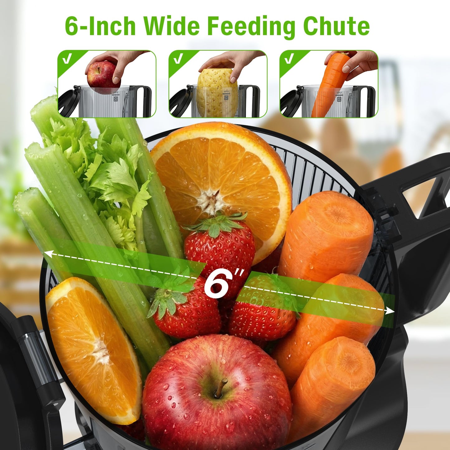 Cold Press Juicer, Juicer Machines with 6" Large Wide Feed Chute, High Juice Yield Slow Masticating Juicer, Easy to Clean, Quiet Brushless Copper Motor, Juicers for Whole Fruits & Vegetables