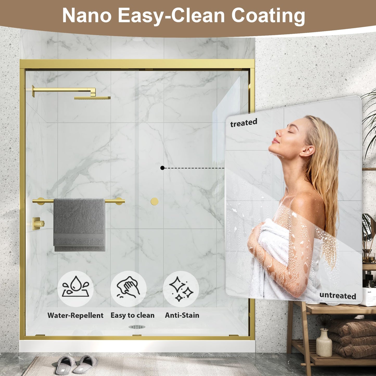 Double Sliding Shower Door 67-72" W x 72" H,Semi-Frameless Glass Shower Door with Nano Explosion-Proof Safety Film, 1/4"(6mm) Tempered Glass,Easy-Clean Bypass Walk-in Shower Door,Brushed Gold