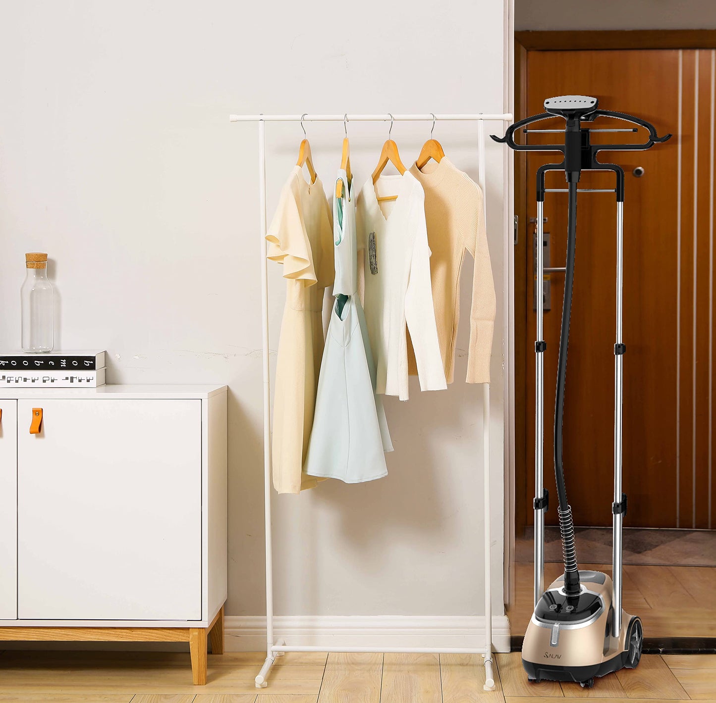 SALAV Limited Edition Professional Series Dual Bar Garment Steamer with Foot Pedals, Stainless Steel Steam Plate, Retractable Power Cord, 1.8L (60.8 oz) Water Tank, 1500 watts, 60+mins of Steam
