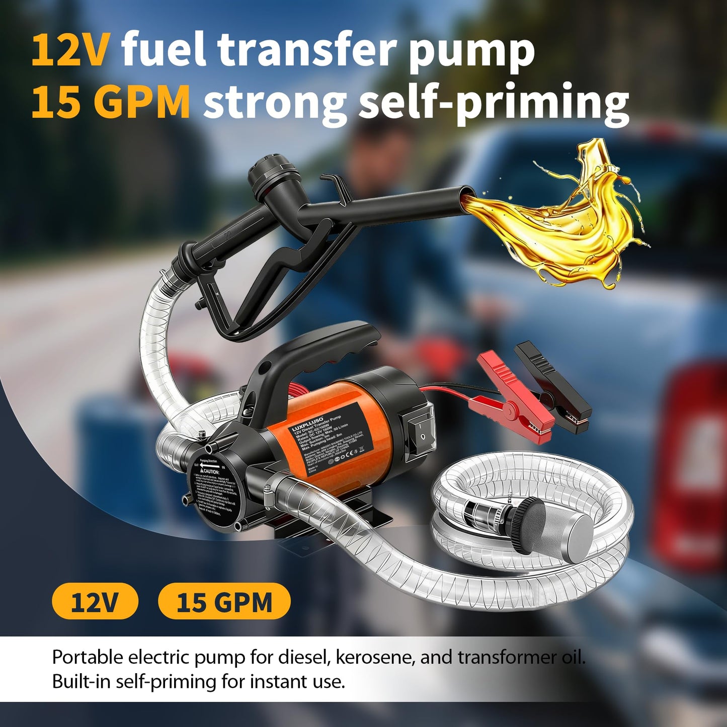 LUXPLLUSO Electric Fuel Pump Kit 12V 15GPM Portable Diesel Transfer